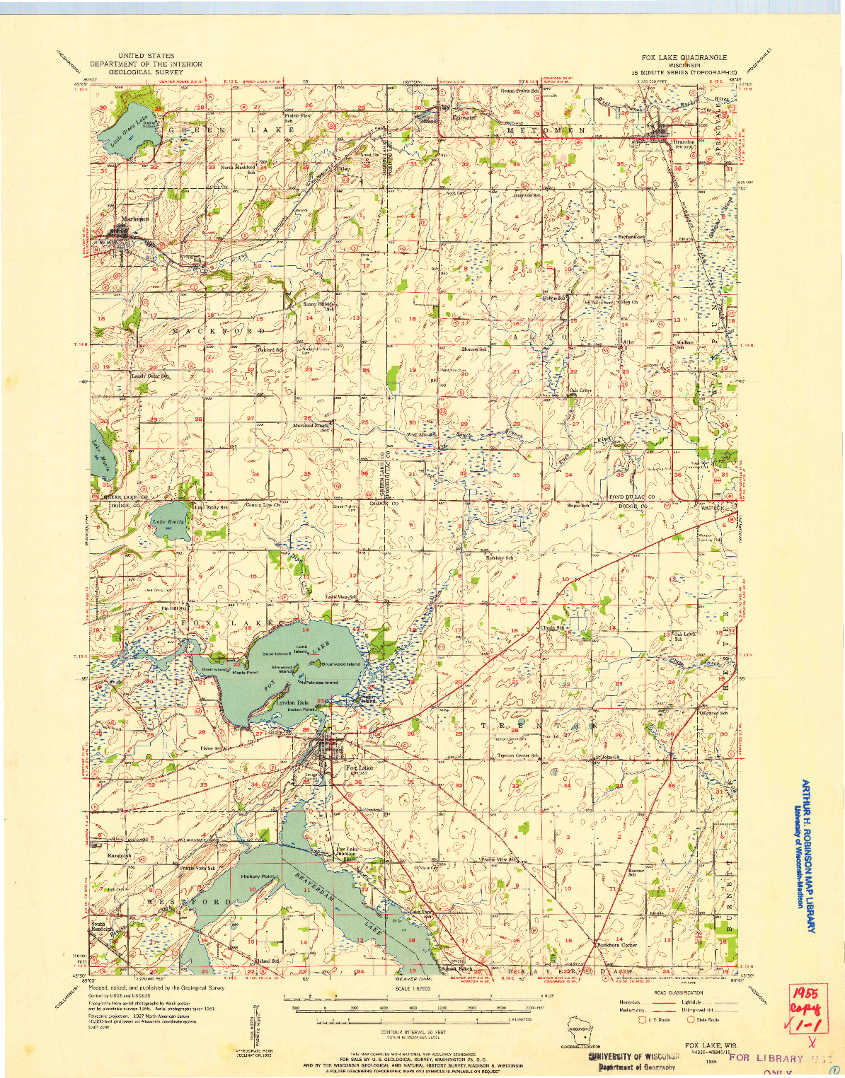 USGS 1:62500-SCALE QUADRANGLE FOR FOX LAKE, WI 1955