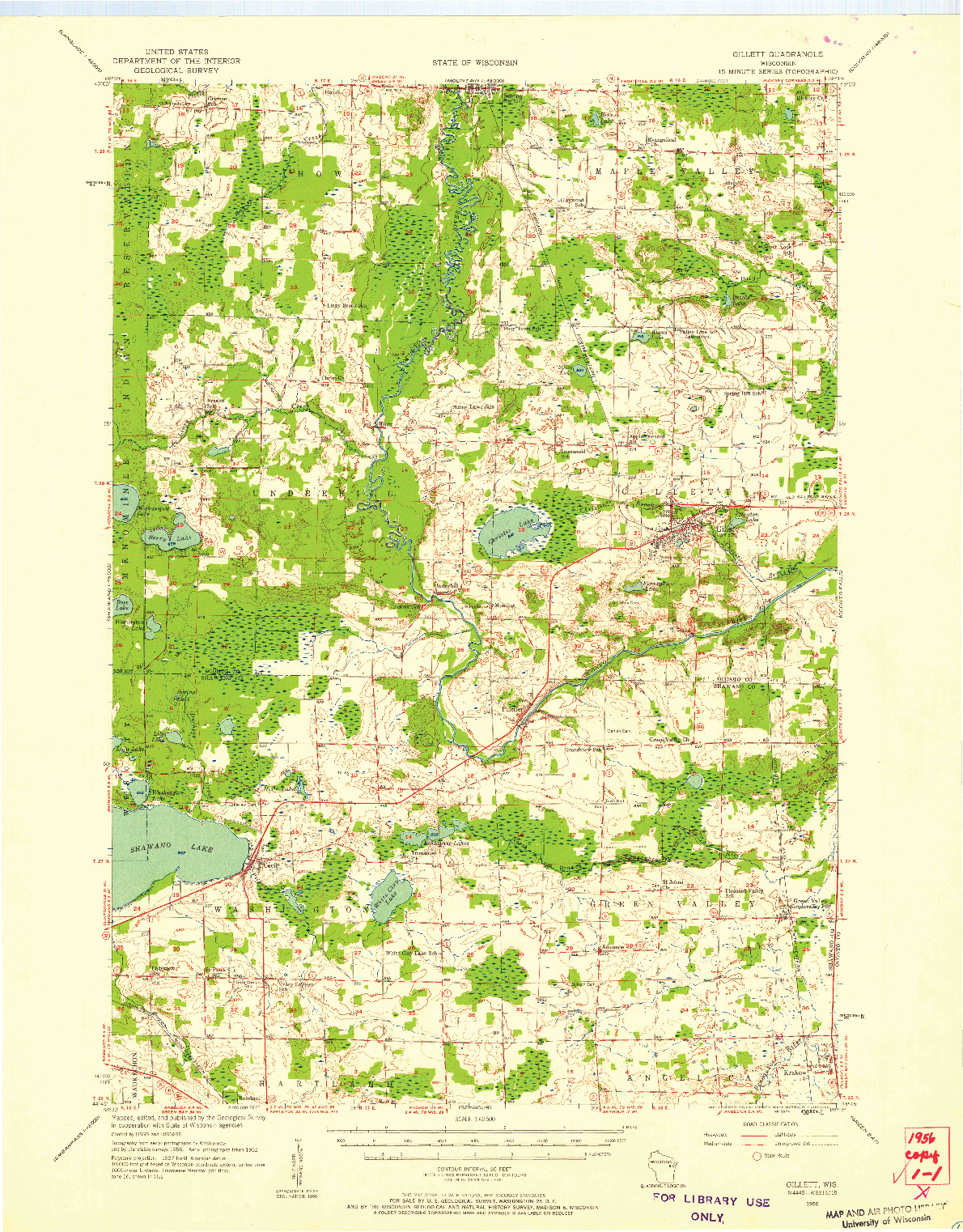 USGS 1:62500-SCALE QUADRANGLE FOR GILLETT, WI 1956