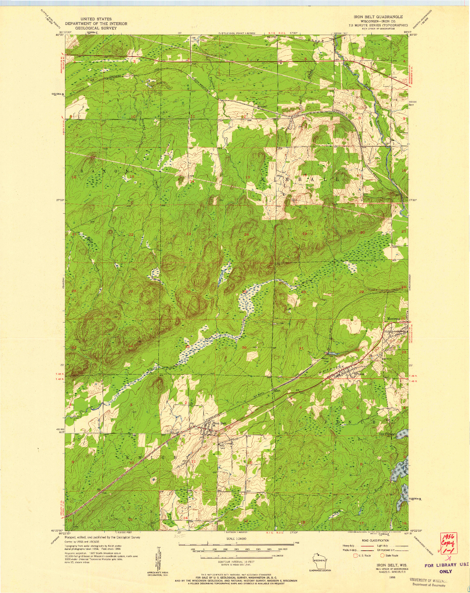 USGS 1:24000-SCALE QUADRANGLE FOR IRON BELT, WI 1956