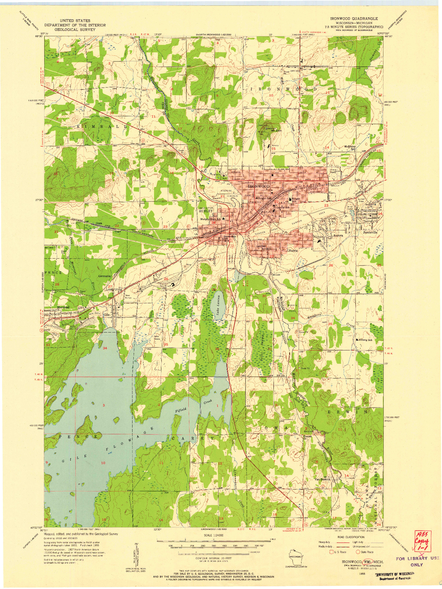 USGS 1:24000-SCALE QUADRANGLE FOR IRONWOOD, WI 1955