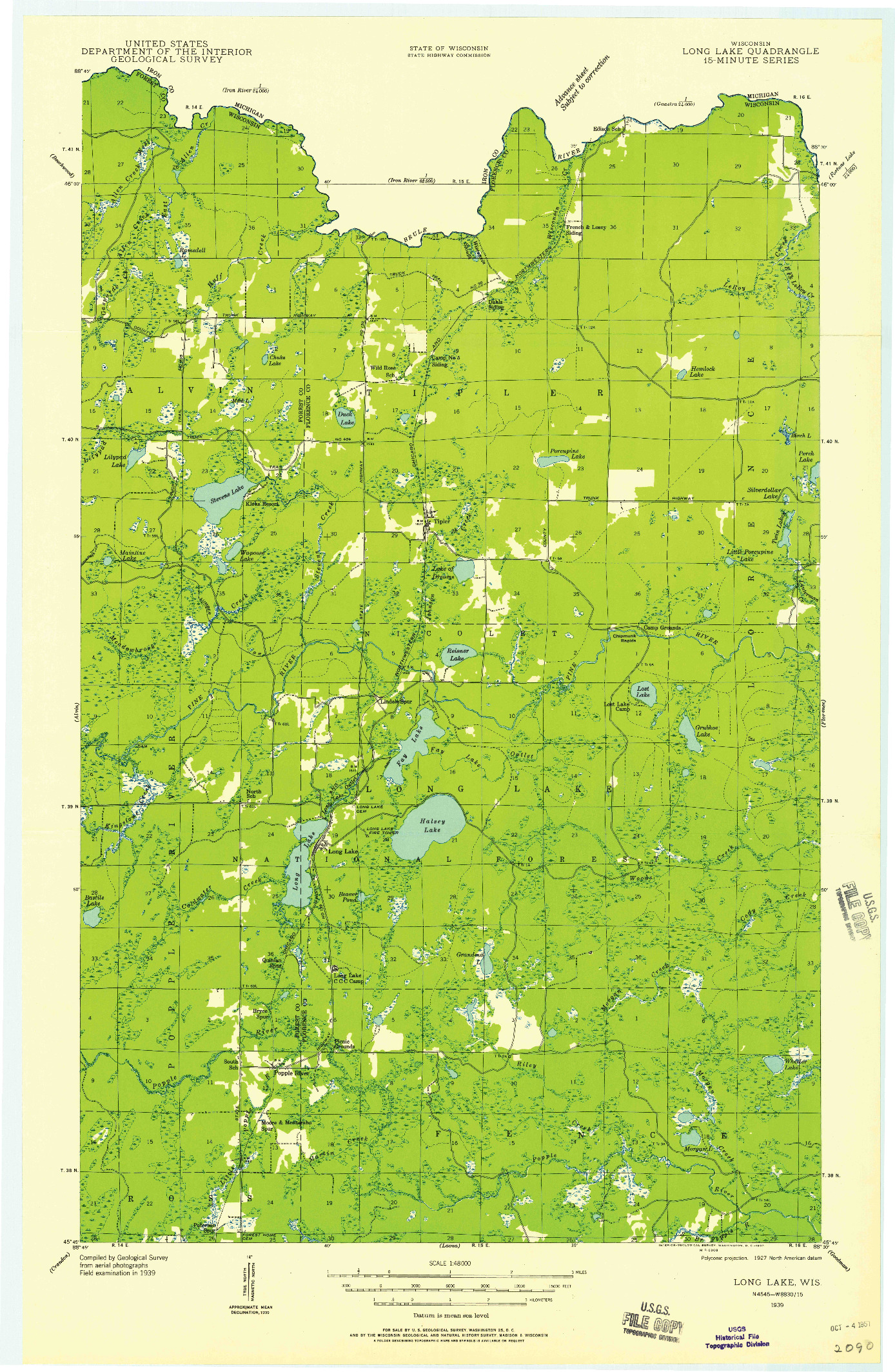 USGS 1:48000-SCALE QUADRANGLE FOR LONG LAKE, WI 1939
