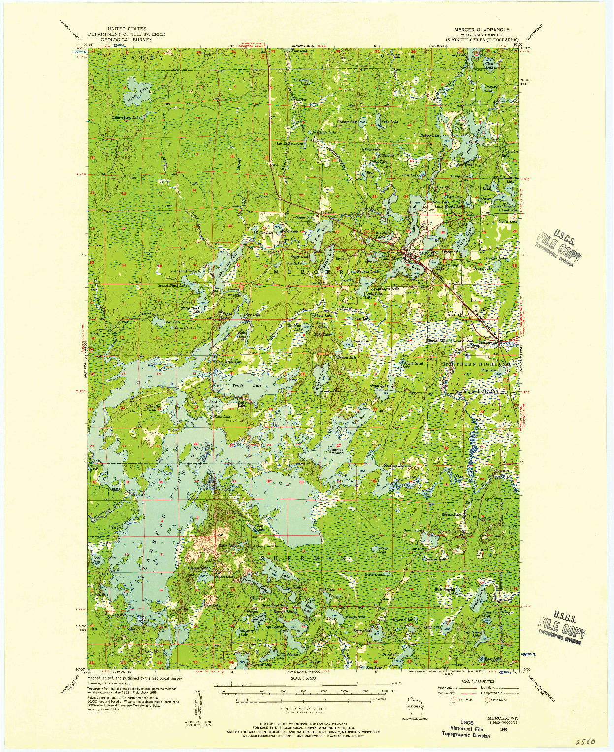 USGS 1:62500-SCALE QUADRANGLE FOR MERCER, WI 1955