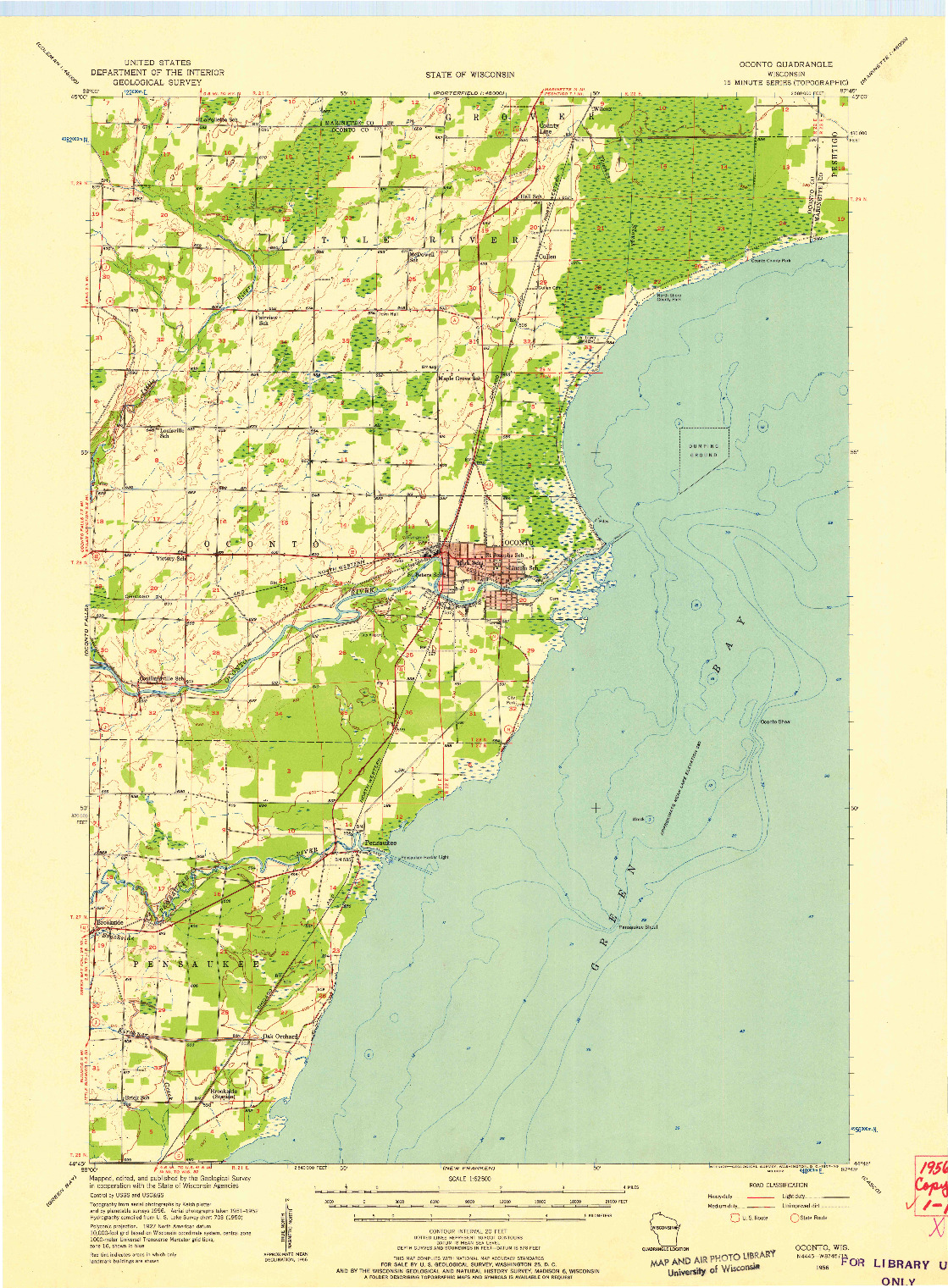 USGS 1:62500-SCALE QUADRANGLE FOR OCONTO, WI 1956