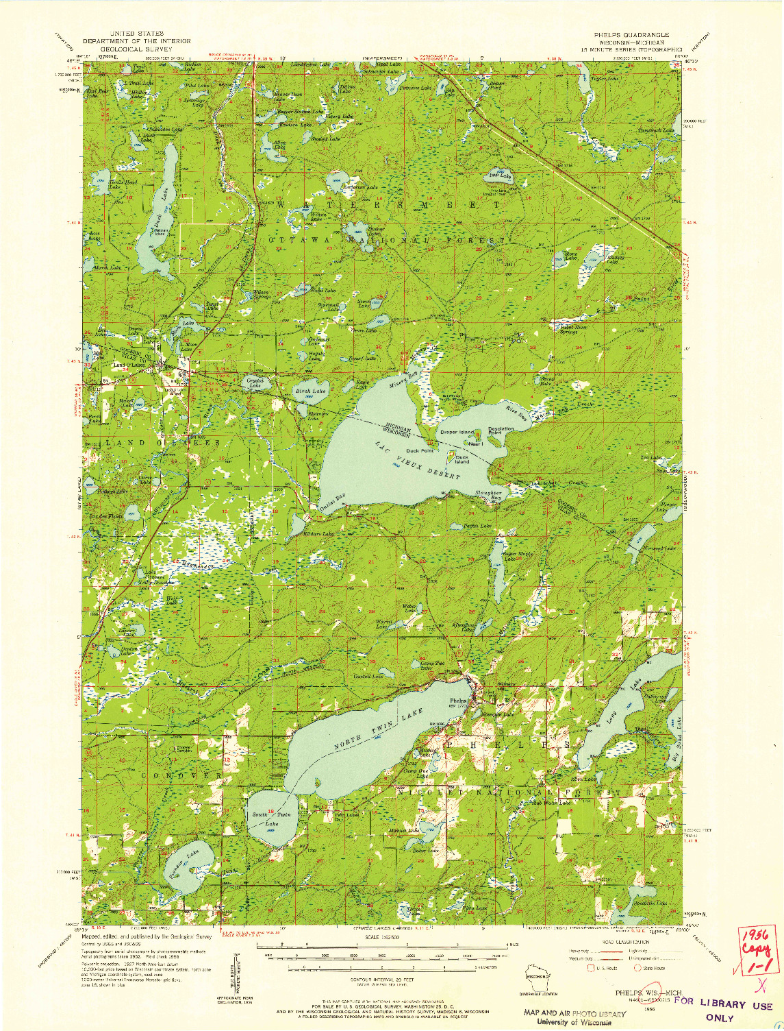 USGS 1:62500-SCALE QUADRANGLE FOR PHELPS, WI 1956