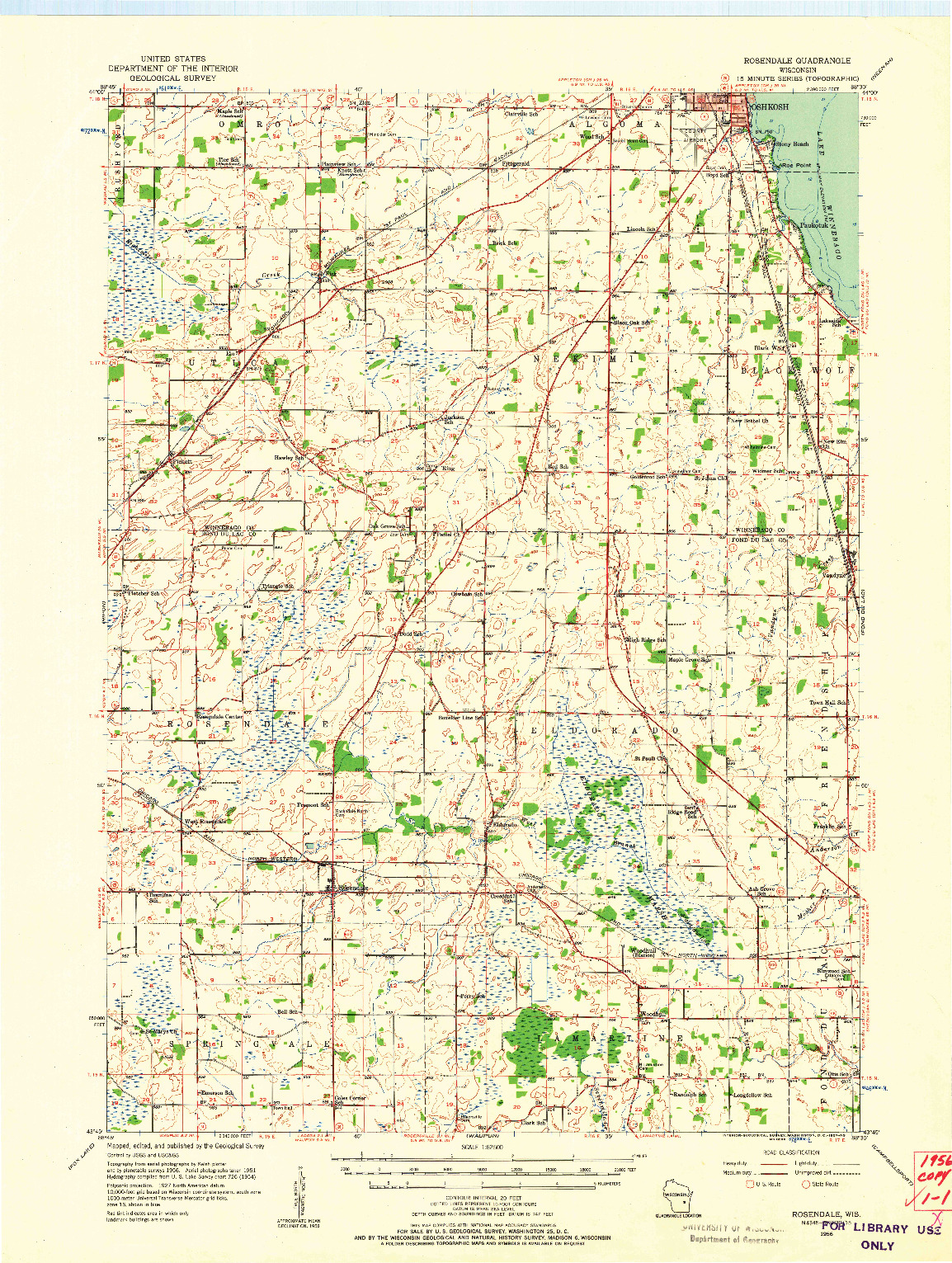 USGS 1:62500-SCALE QUADRANGLE FOR ROSENDALE, WI 1956