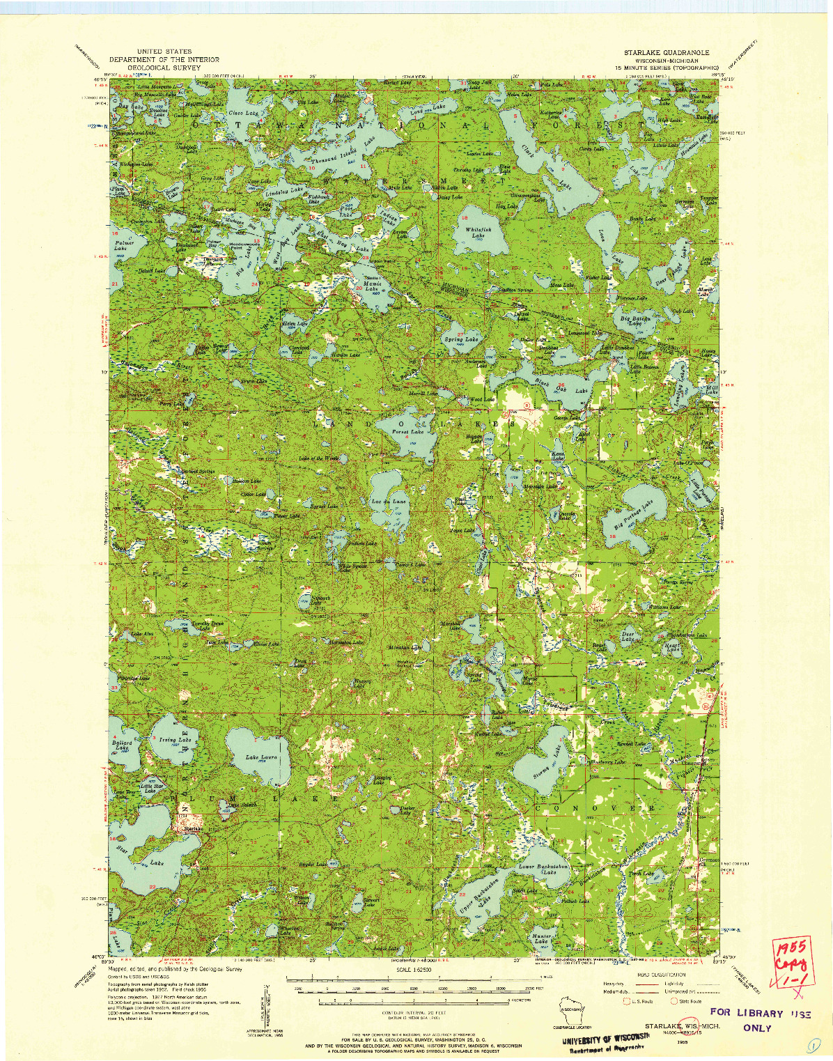 USGS 1:62500-SCALE QUADRANGLE FOR STARLAKE, WI 1955
