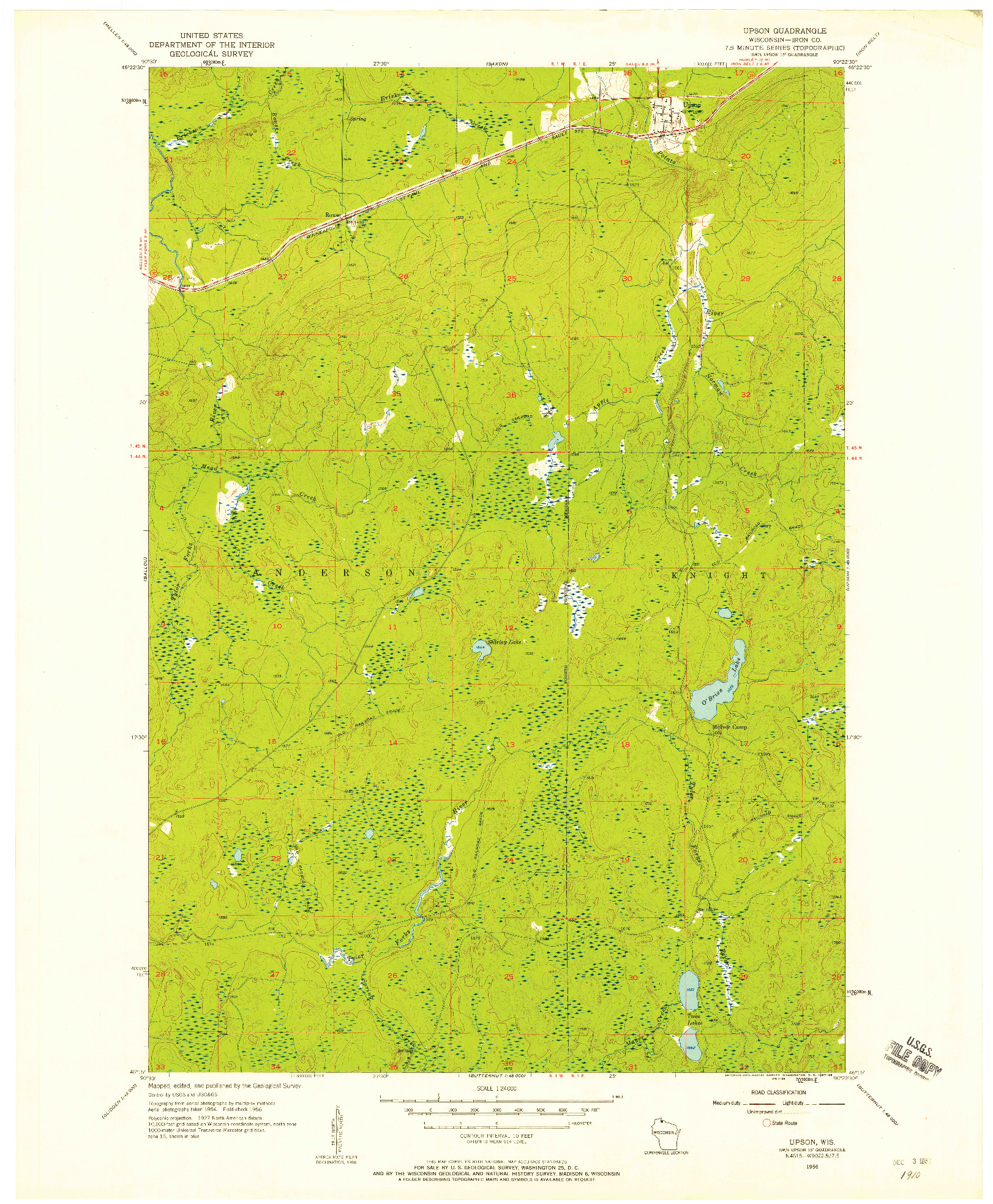 USGS 1:24000-SCALE QUADRANGLE FOR UPSON, WI 1956