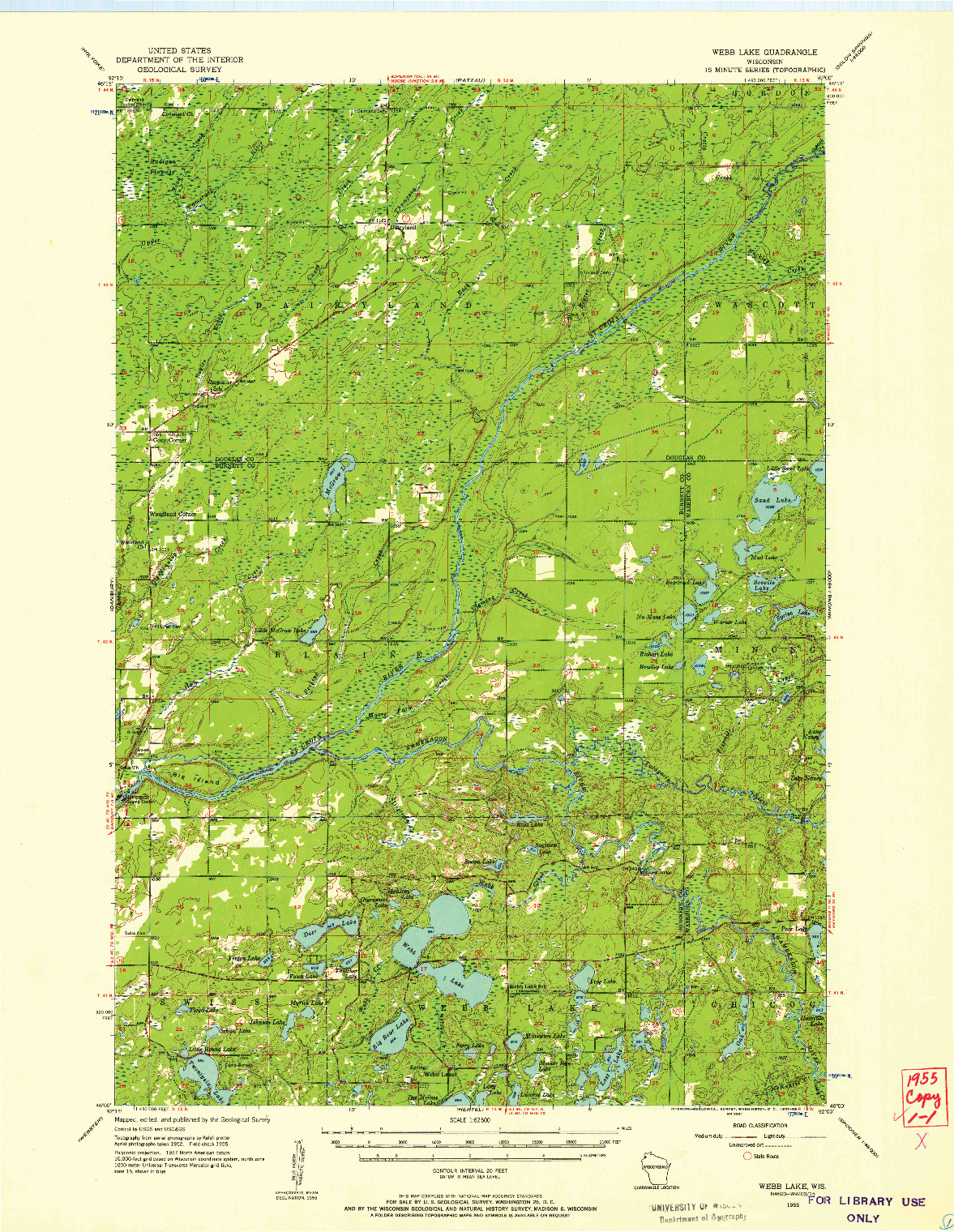 USGS 1:62500-SCALE QUADRANGLE FOR WEBB LAKE, WI 1955