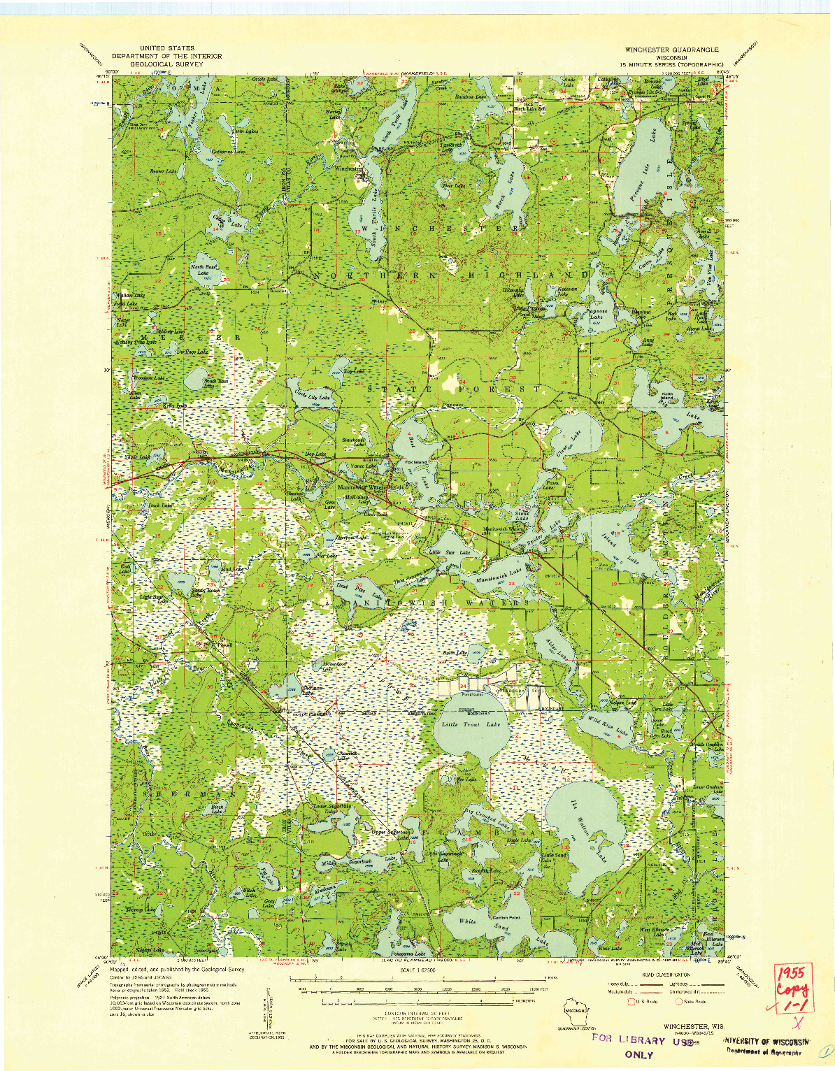 USGS 1:62500-SCALE QUADRANGLE FOR WINCHESTER, WI 1955