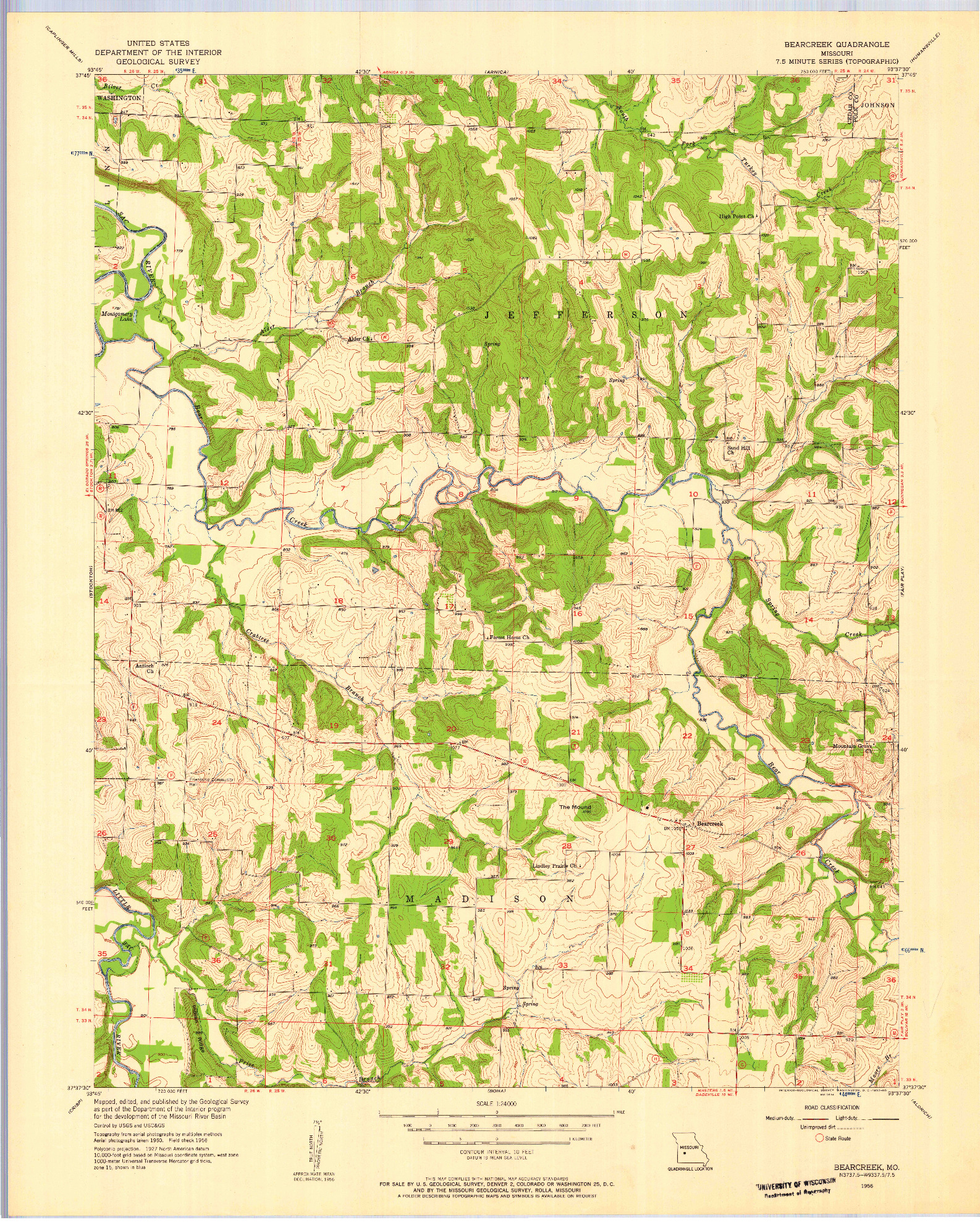 USGS 1:24000-SCALE QUADRANGLE FOR BEARCREEK, MO 1956