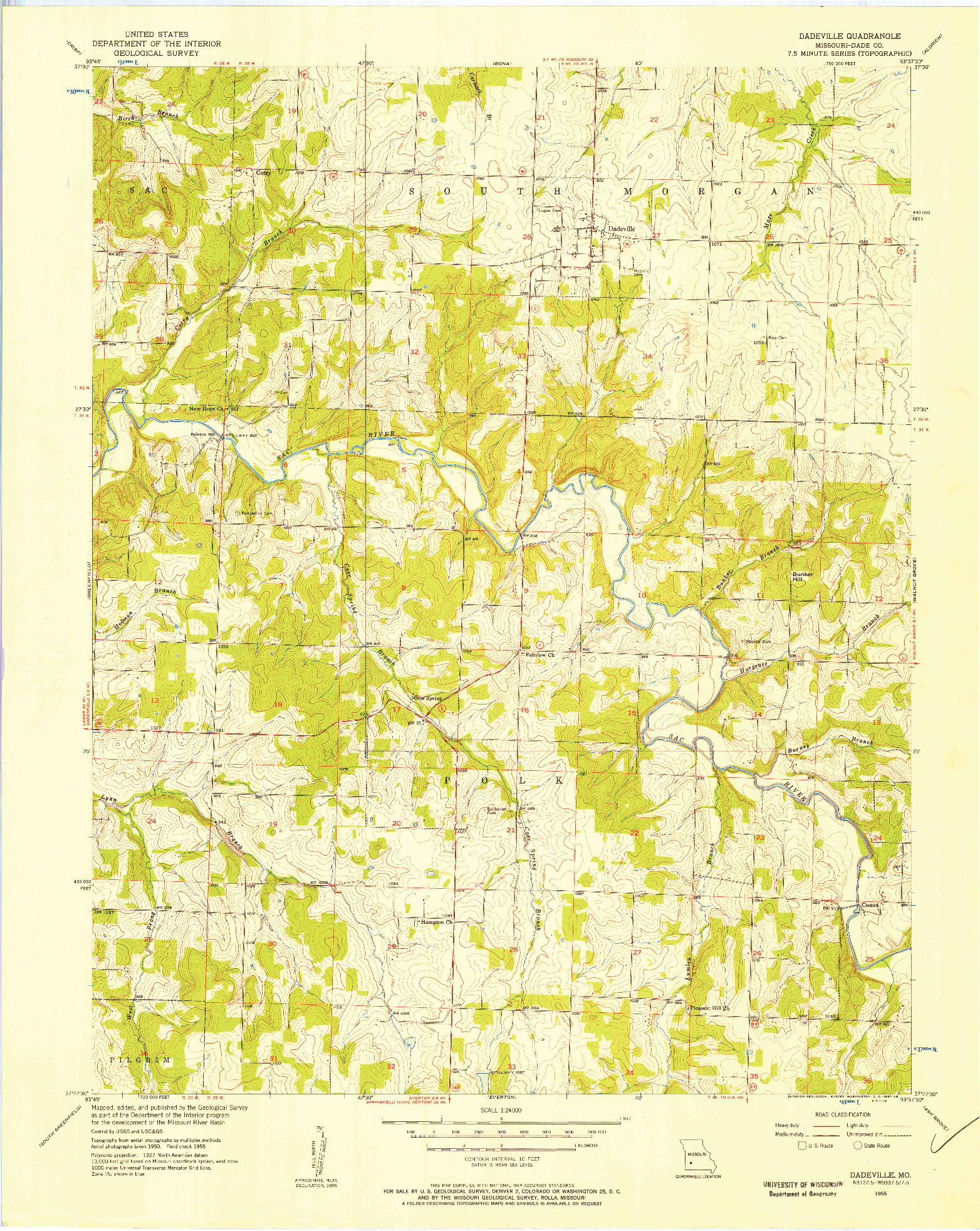 USGS 1:24000-SCALE QUADRANGLE FOR DADEVILLE, MO 1955