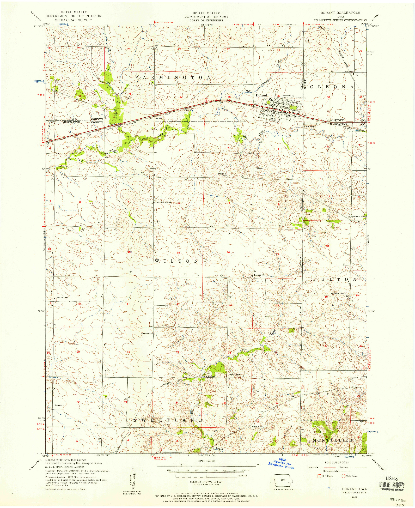 USGS 1:24000-SCALE QUADRANGLE FOR DURANT, IA 1953