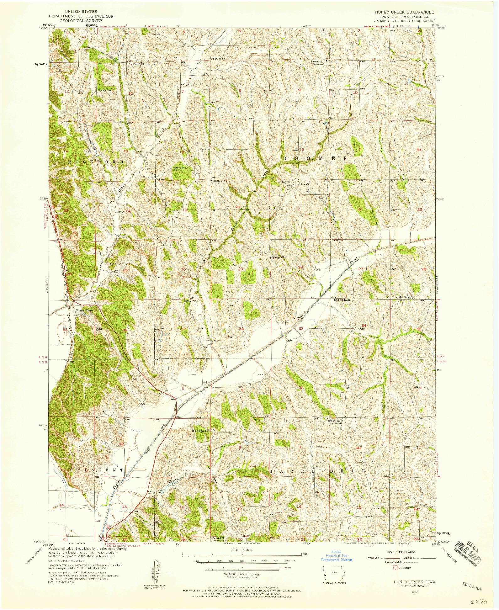 USGS 1:24000-SCALE QUADRANGLE FOR HONEY CREEK, IA 1957