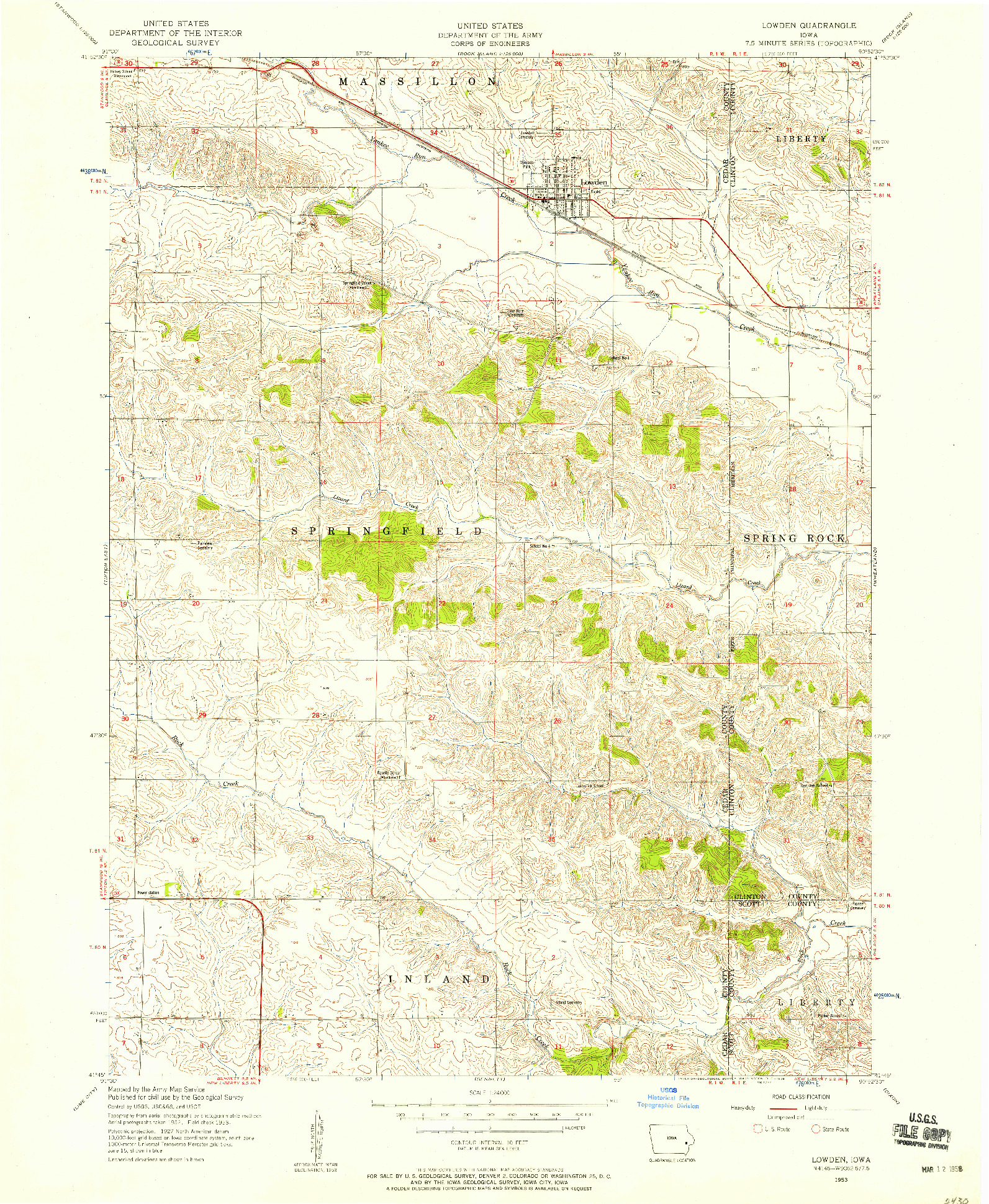 USGS 1:24000-SCALE QUADRANGLE FOR LOWDEN, IA 1953