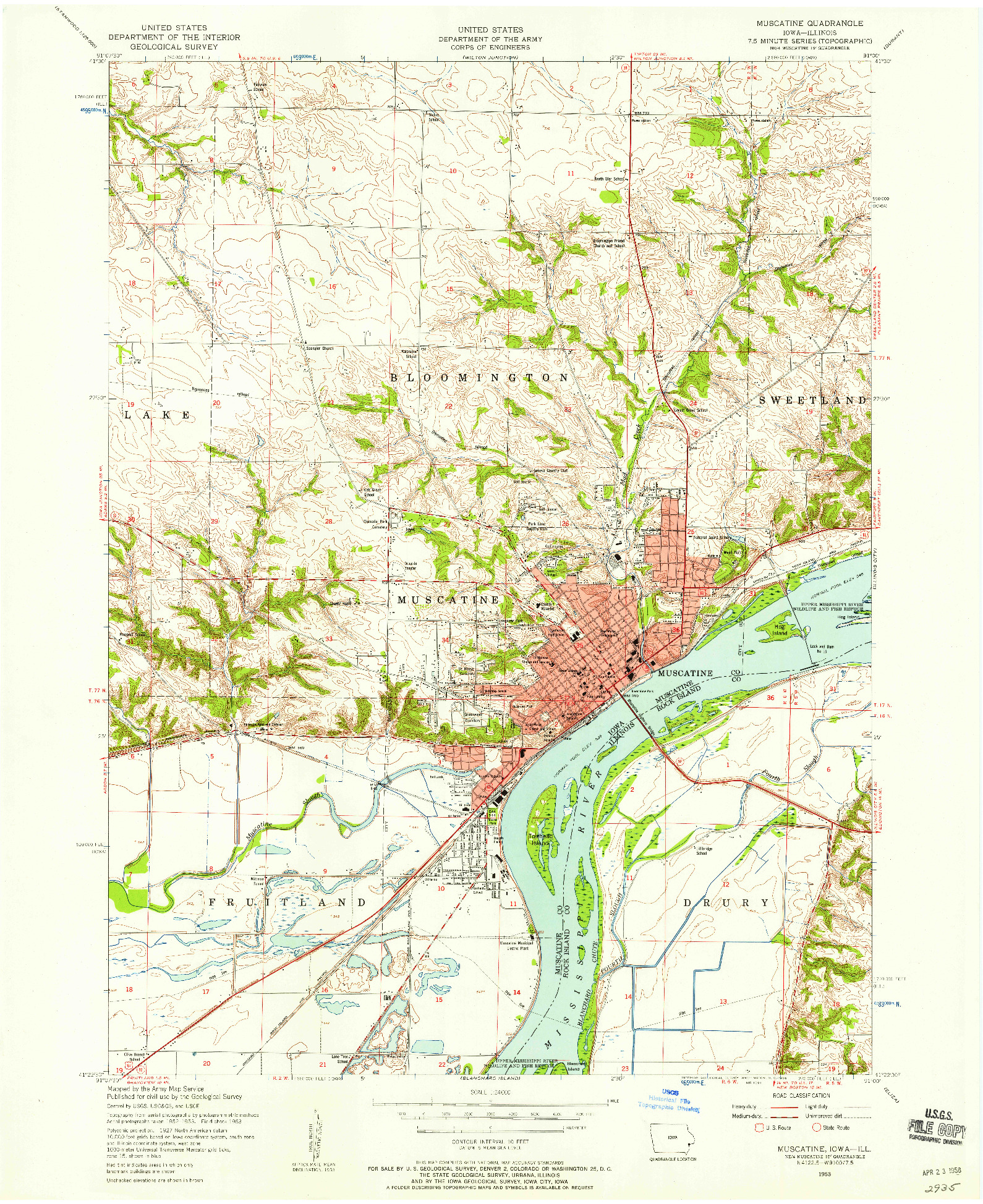 USGS 1:24000-SCALE QUADRANGLE FOR MUSCATINE, IA 1953