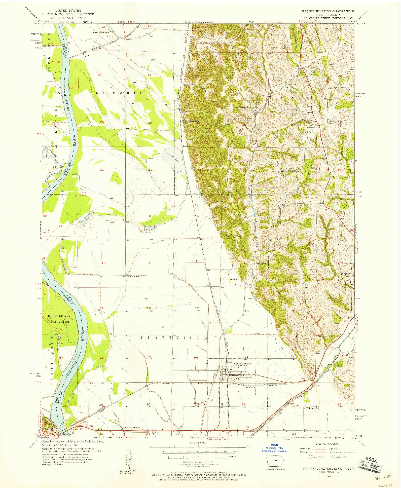 USGS 1:24000-SCALE QUADRANGLE FOR PACIFIC JUNCTION, IA 1956