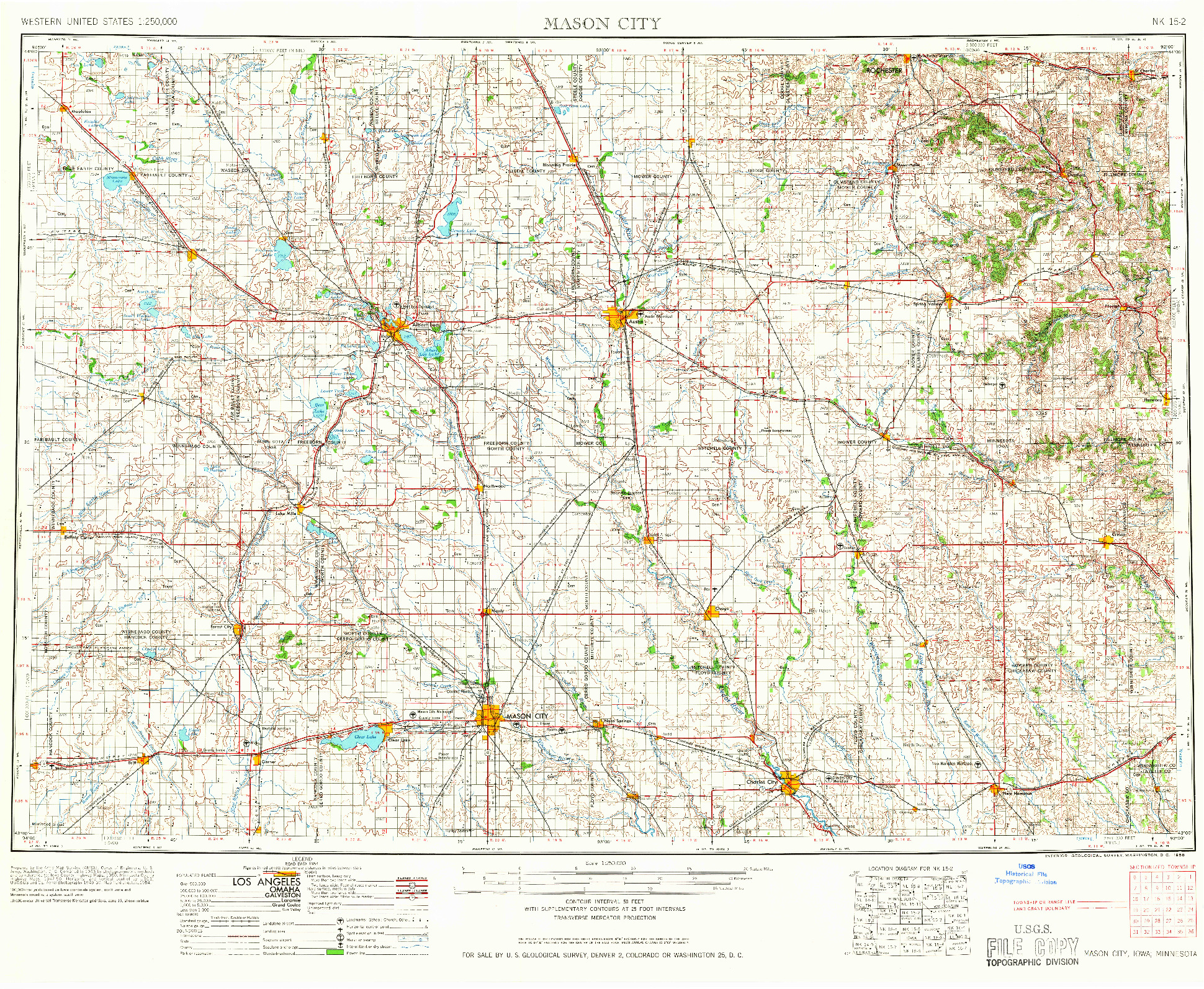 USGS 1:250000-SCALE QUADRANGLE FOR MASON CITY, IA 1958