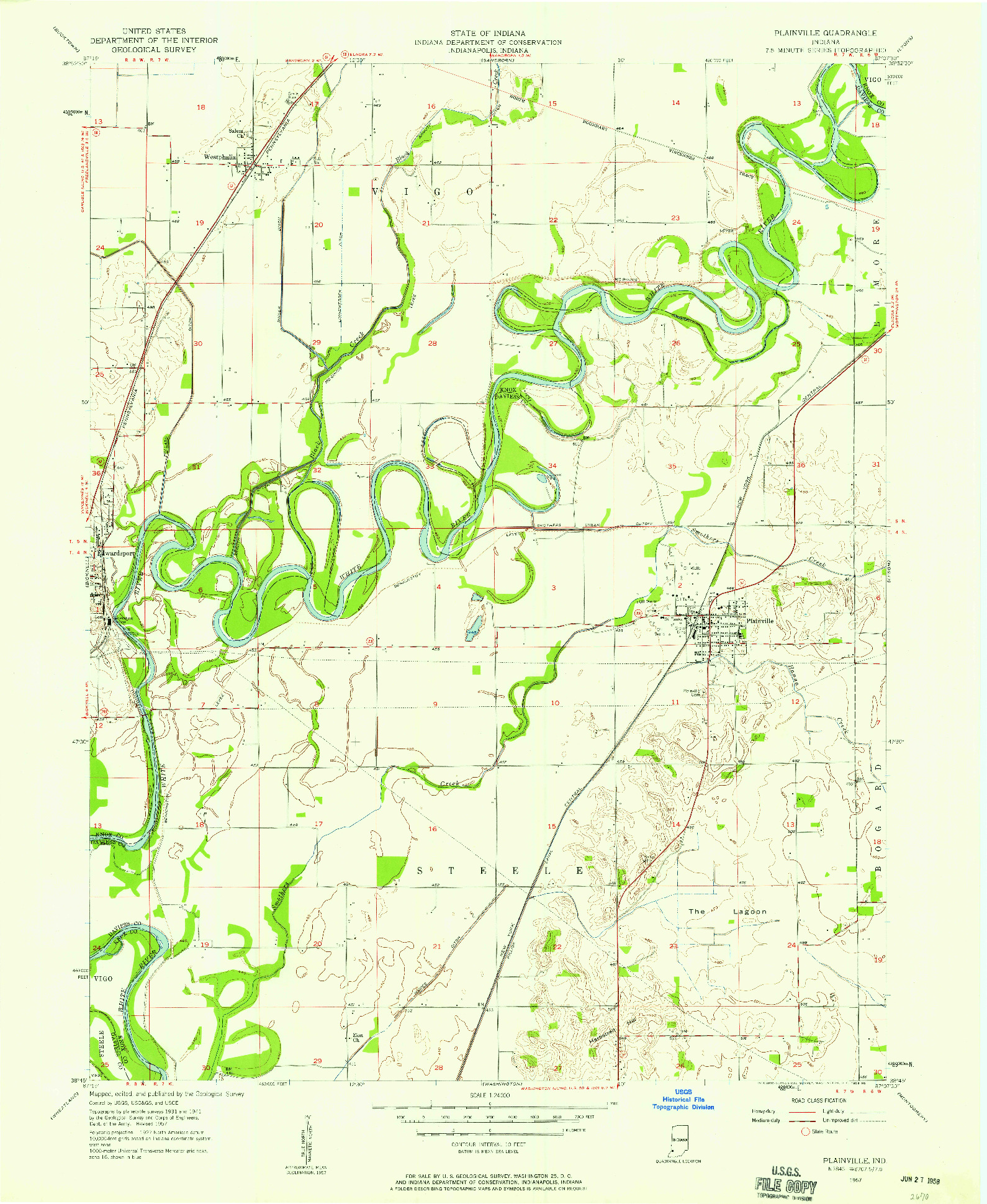 USGS 1:24000-SCALE QUADRANGLE FOR PLAINVILLE, IN 1957