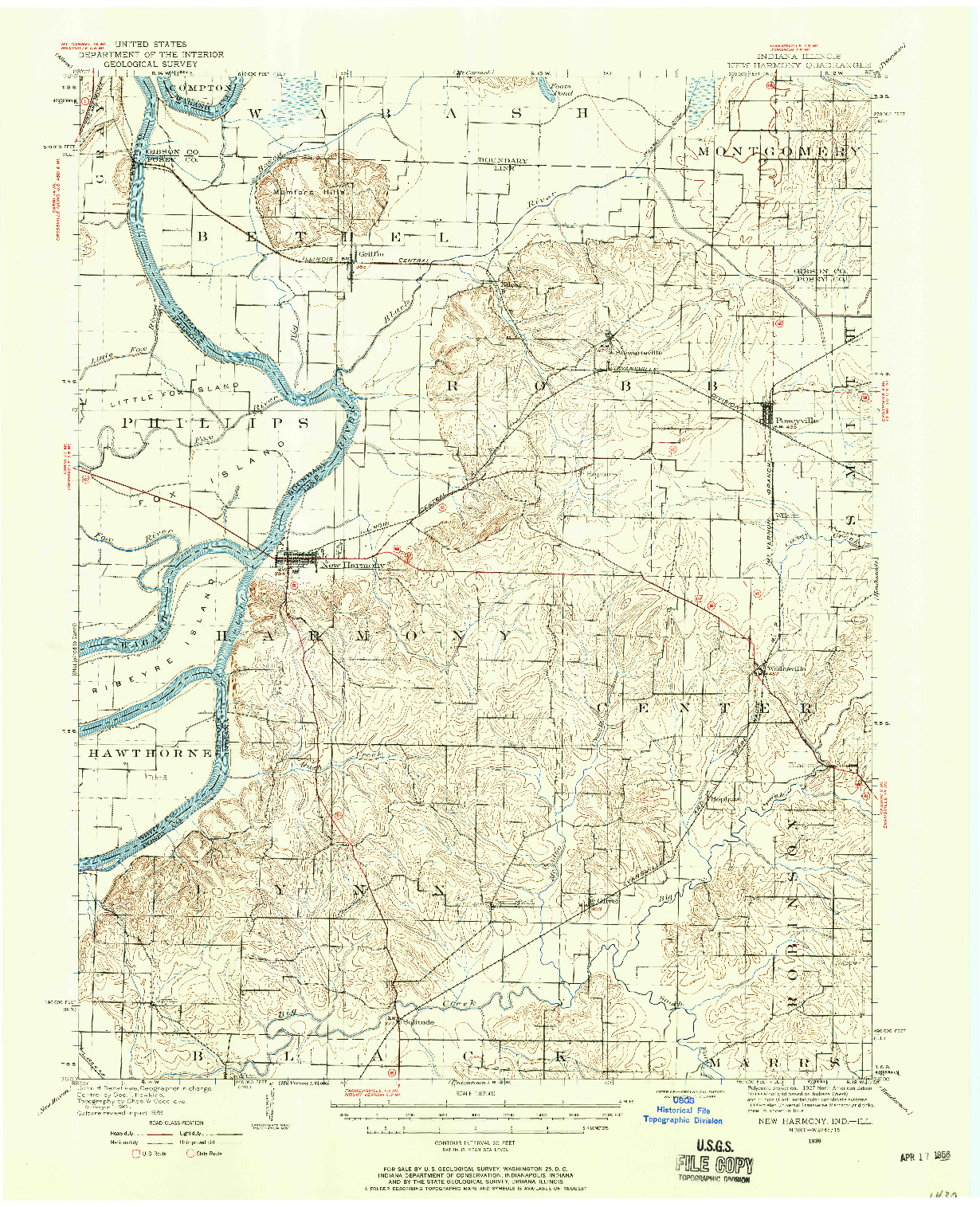 USGS 1:62500-SCALE QUADRANGLE FOR NEW HARMONY, IN 1938