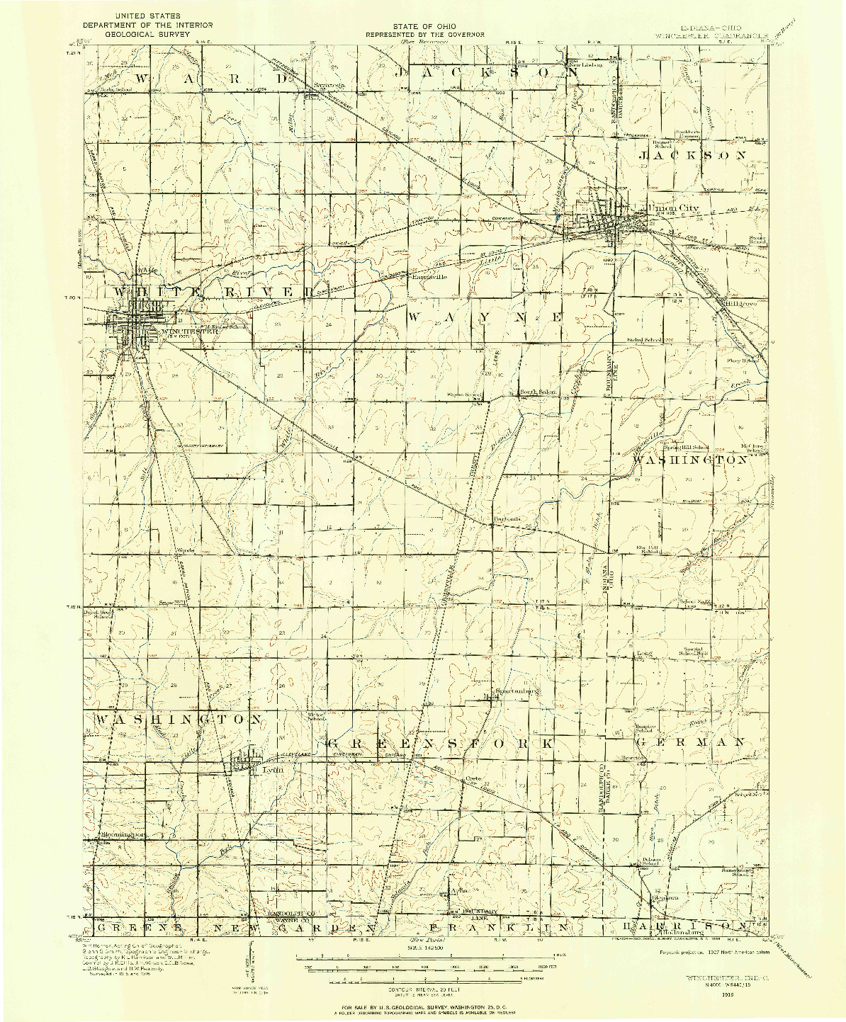 USGS 1:62500-SCALE QUADRANGLE FOR WINCHESTER, IN 1916