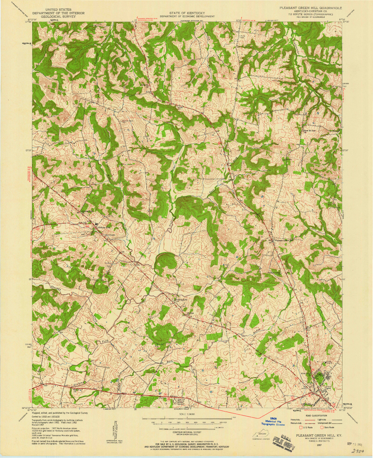 USGS 1:24000-SCALE QUADRANGLE FOR PLEASANT GREEN HILL, KY 1957