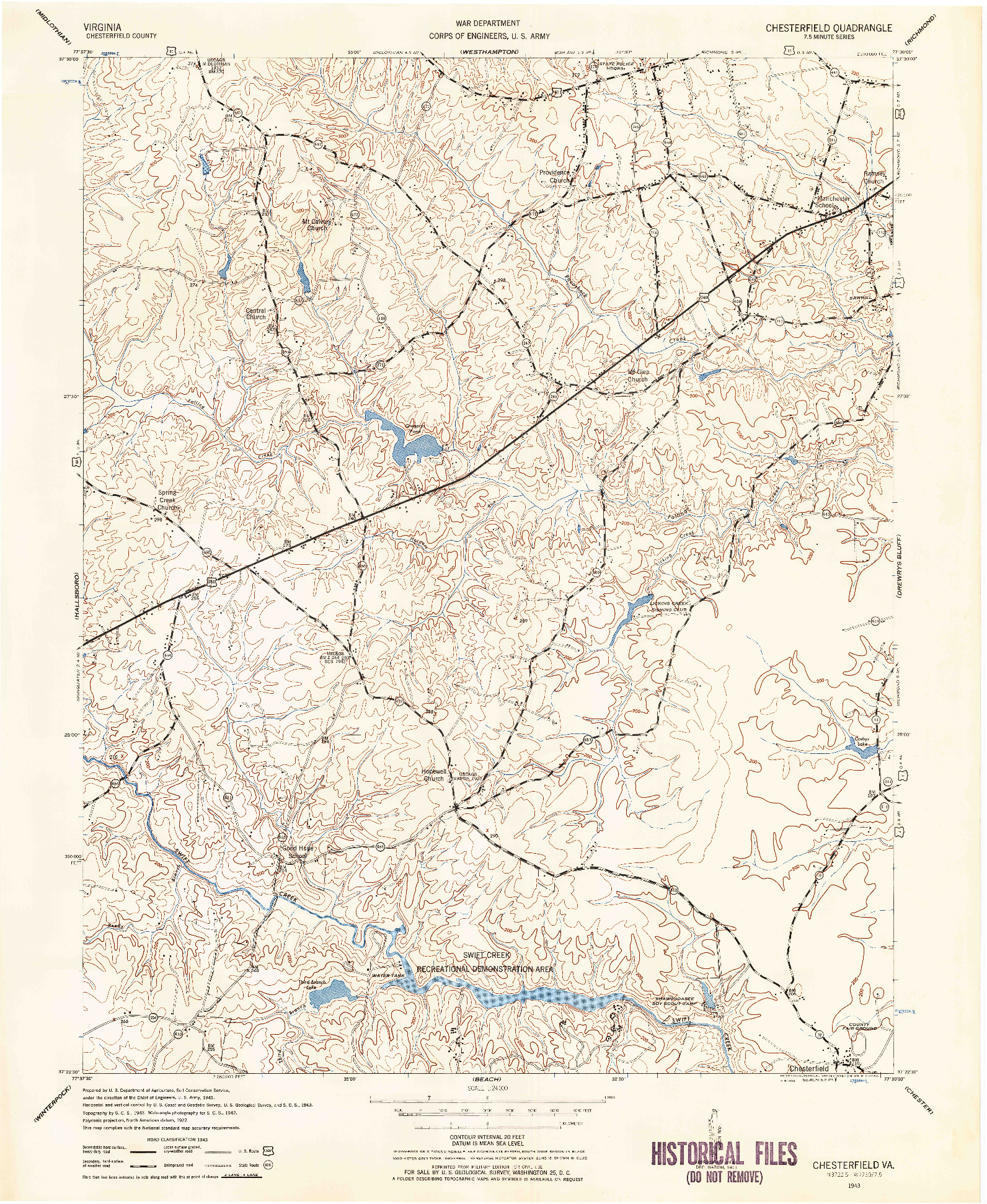 USGS 1:24000-SCALE QUADRANGLE FOR CHESTERFIELD, VA 1943