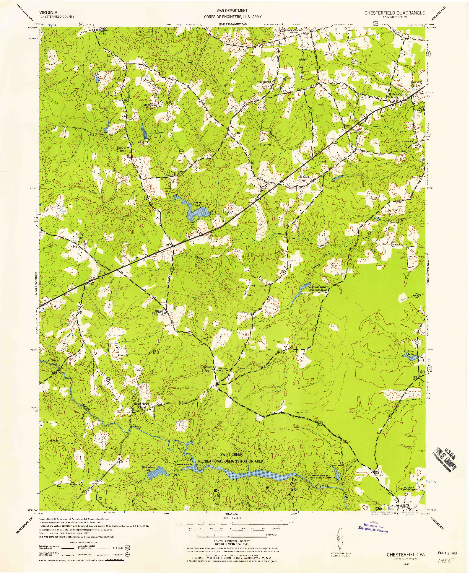 USGS 1:24000-SCALE QUADRANGLE FOR CHESTERFIELD, VA 1943