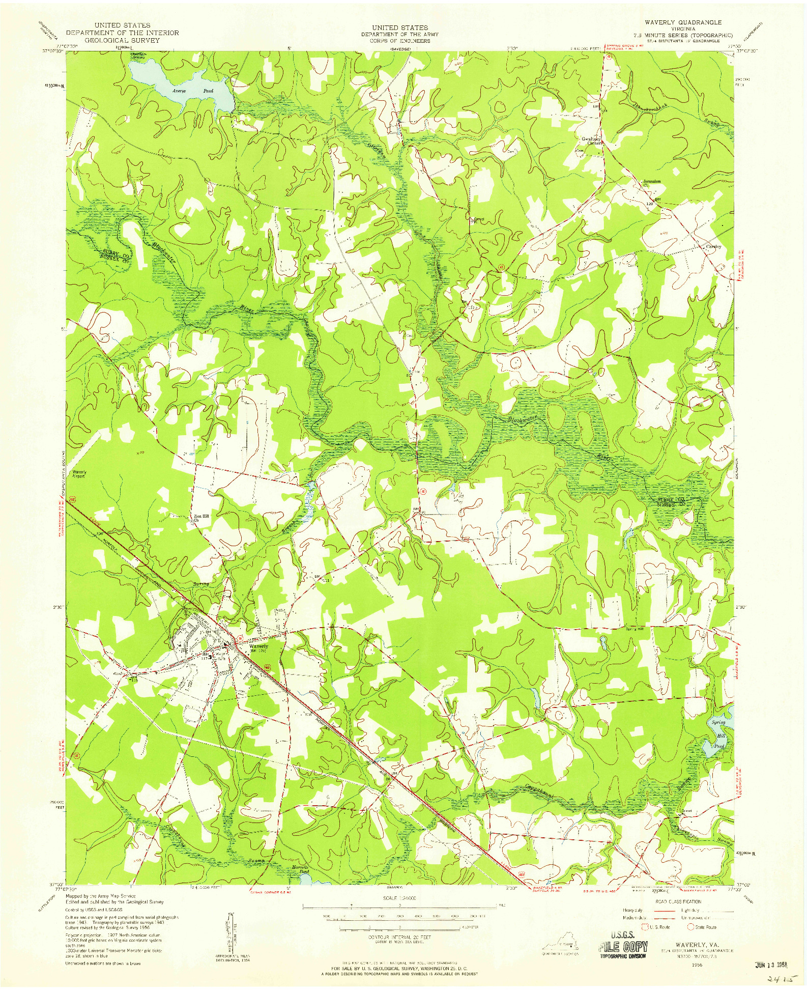 USGS 1:24000-SCALE QUADRANGLE FOR WAVERLY, VA 1956