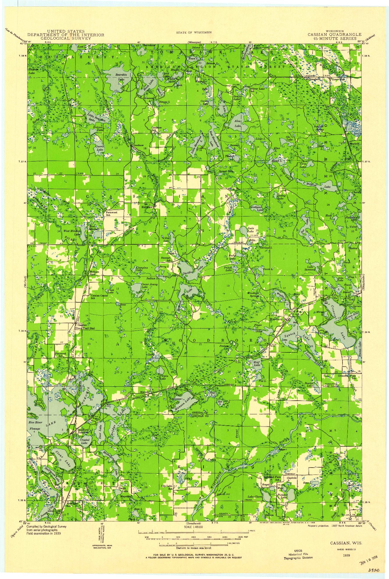 USGS 1:48000-SCALE QUADRANGLE FOR CASSIAN, WI 1939