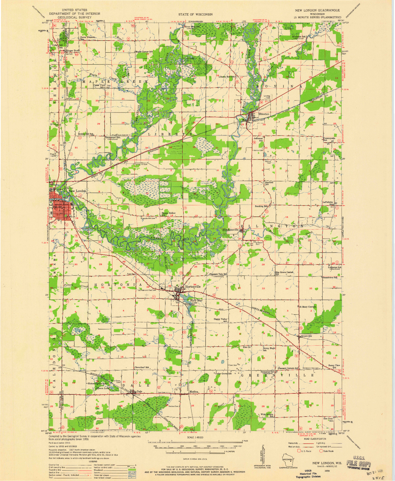 USGS 1:48000-SCALE QUADRANGLE FOR NEW LONDON, WI 1956