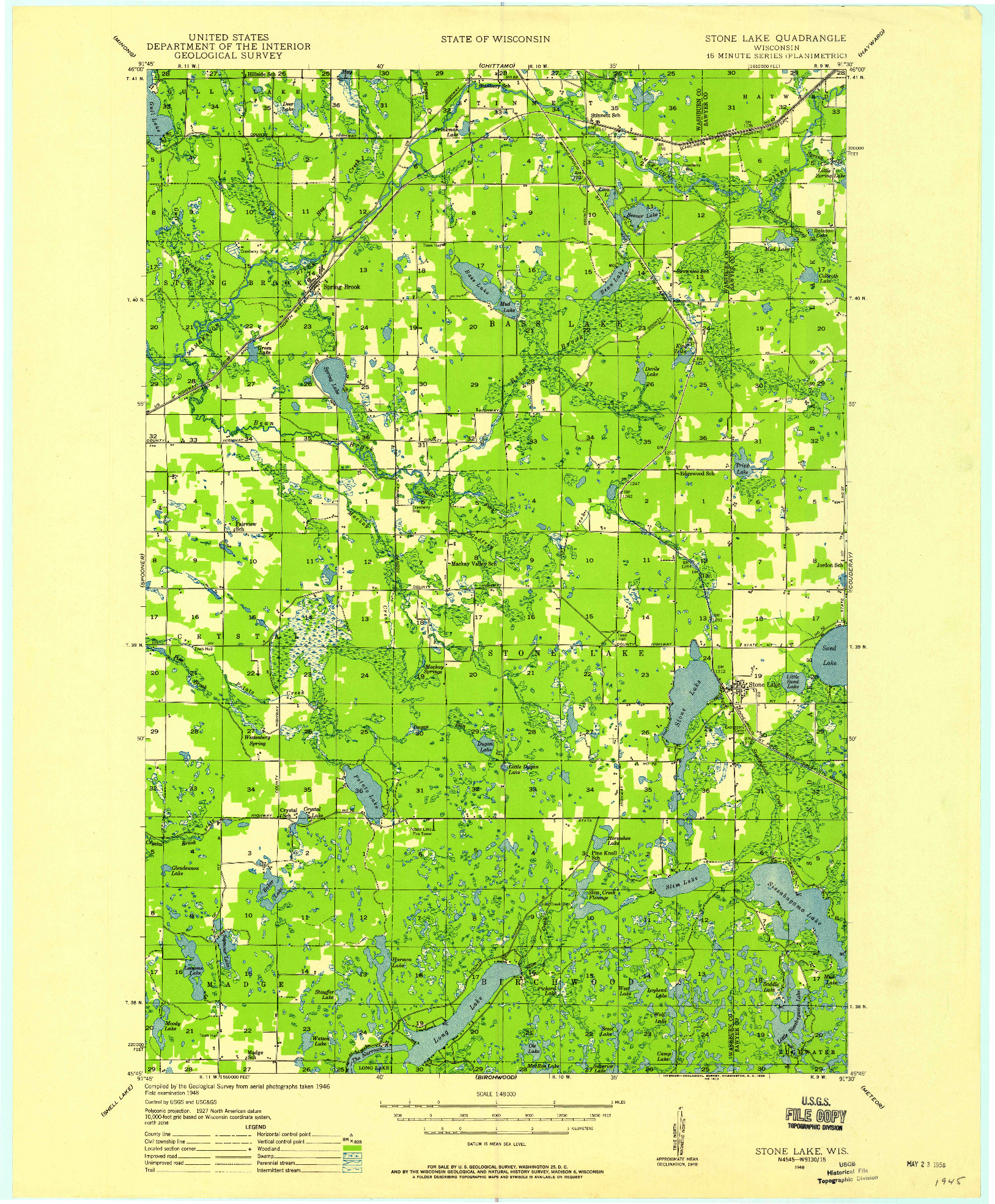 USGS 1:48000-SCALE QUADRANGLE FOR STONE LAKE, WI 1948