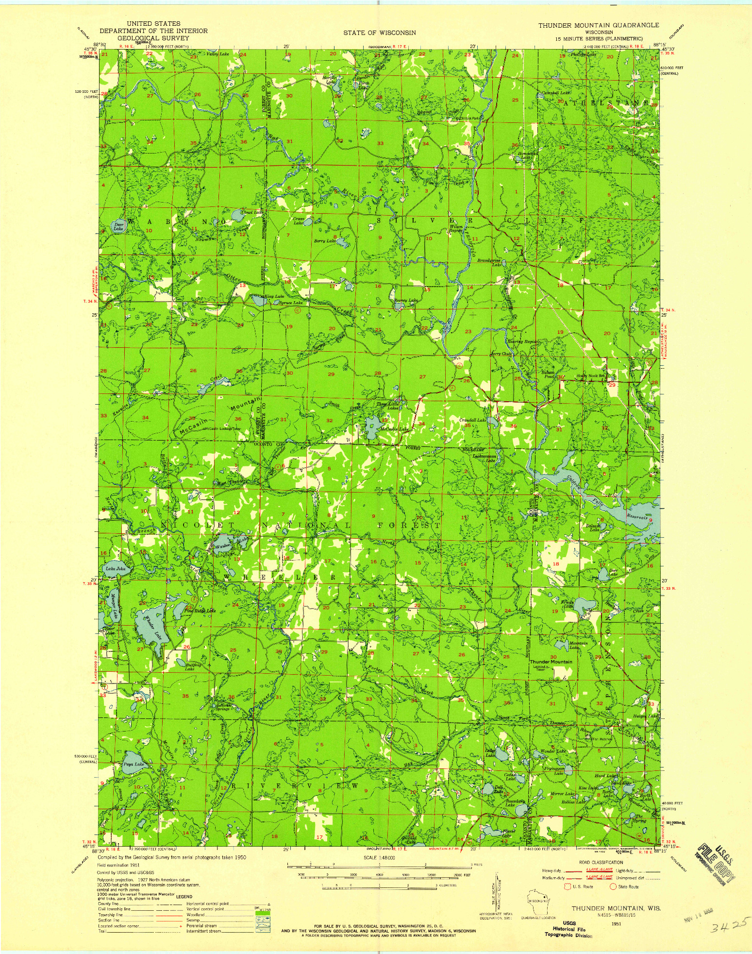USGS 1:48000-SCALE QUADRANGLE FOR THUNDER MOUNTAIN, WI 1951