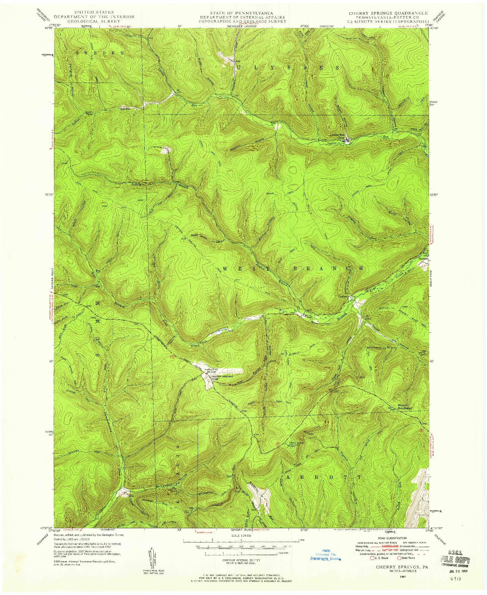 USGS 1:24000-SCALE QUADRANGLE FOR CHERRY SPRINGS, PA 1947