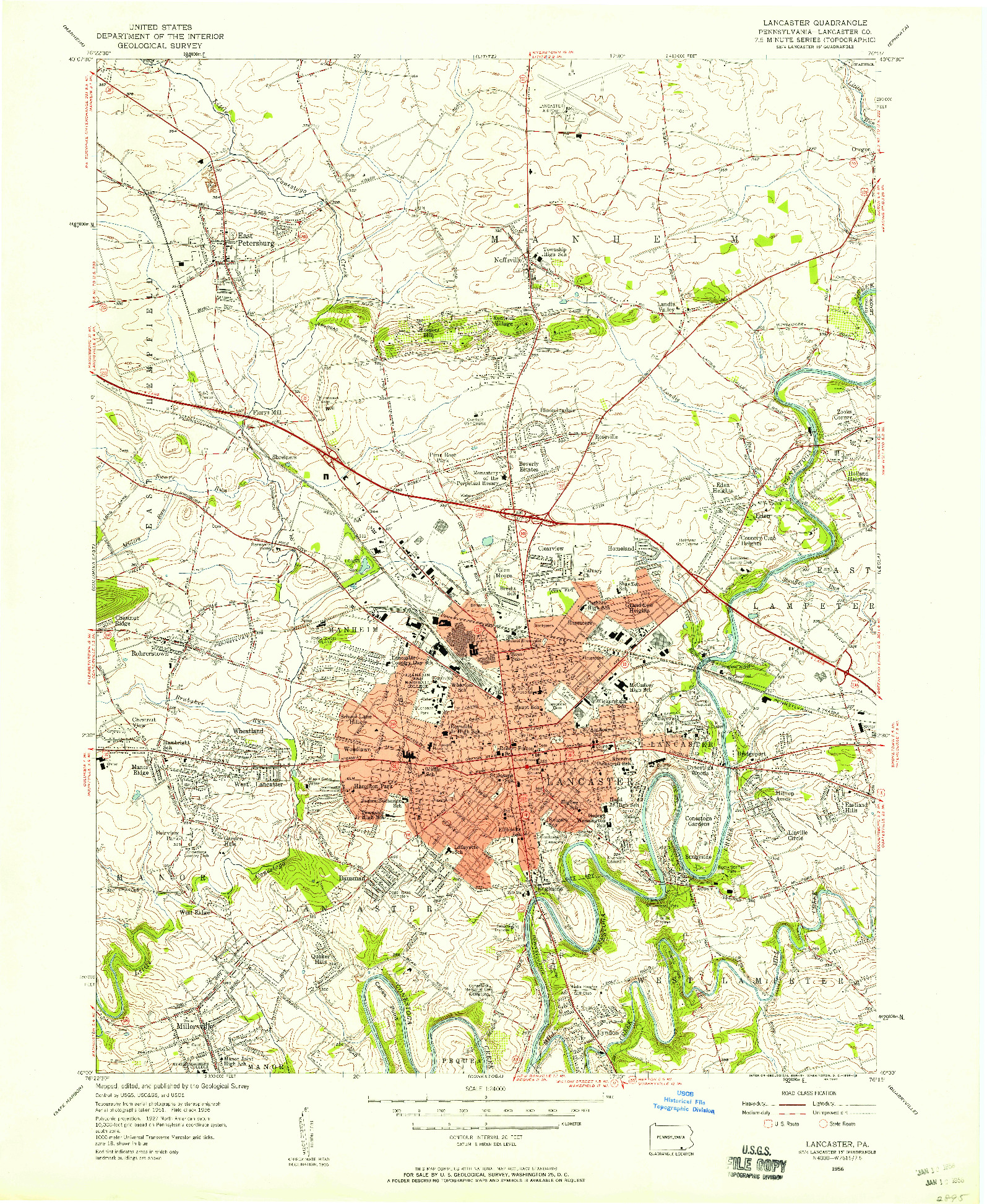 USGS 1:24000-SCALE QUADRANGLE FOR LANCASTER, PA 1956