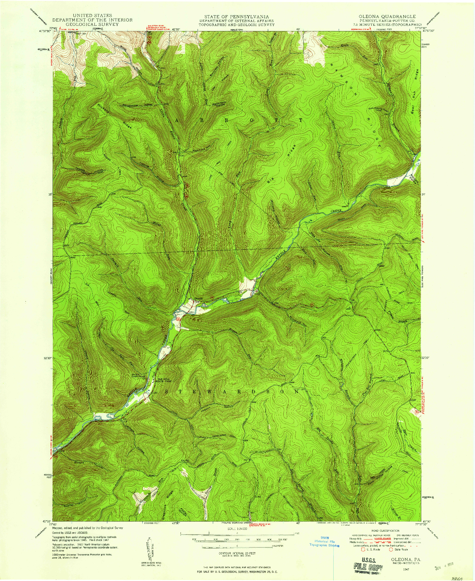 USGS 1:24000-SCALE QUADRANGLE FOR OLEONA, PA 1947
