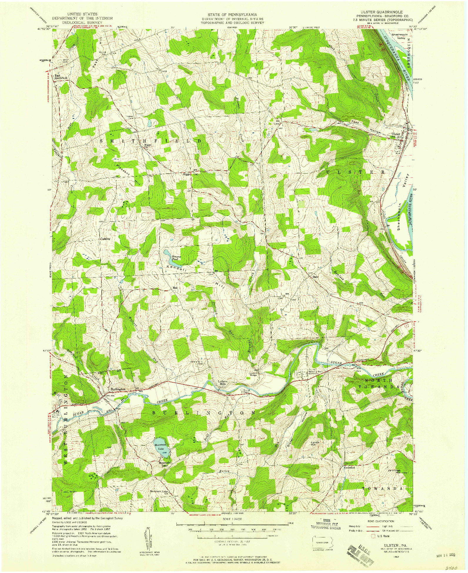 USGS 1:24000-SCALE QUADRANGLE FOR ULSTER, PA 1957