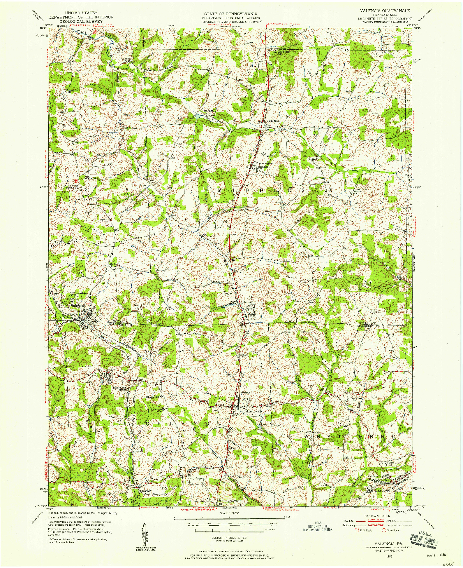 USGS 1:24000-SCALE QUADRANGLE FOR VALENCIA, PA 1950