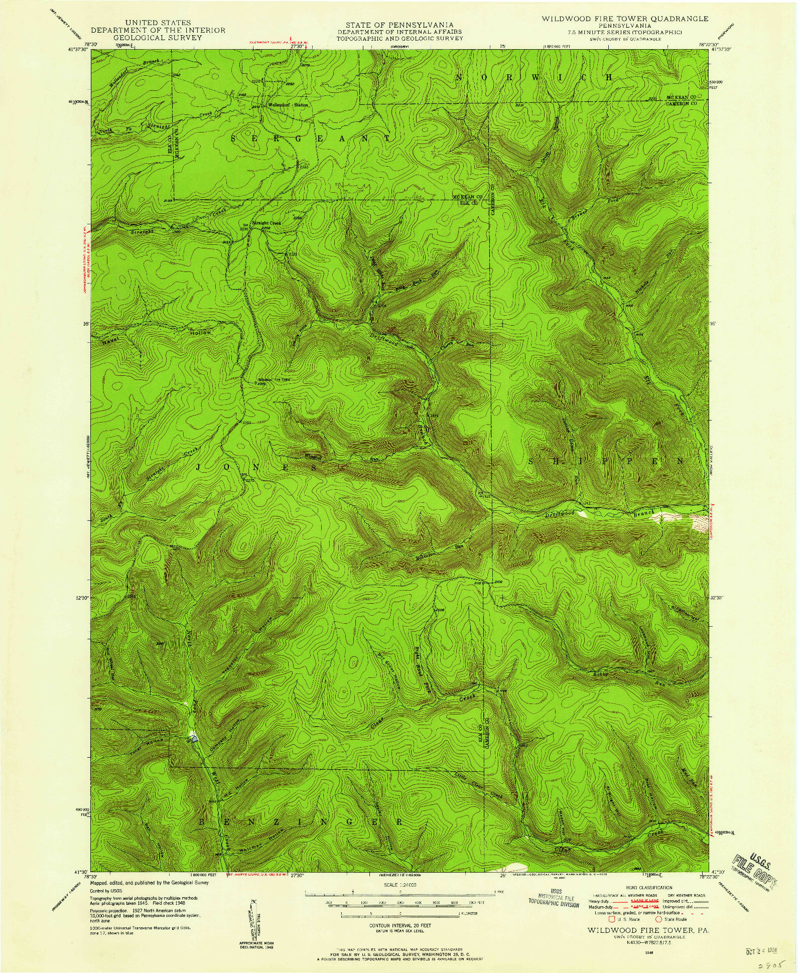 USGS 1:24000-SCALE QUADRANGLE FOR WILDWOOD FIRE TOWER, PA 1948