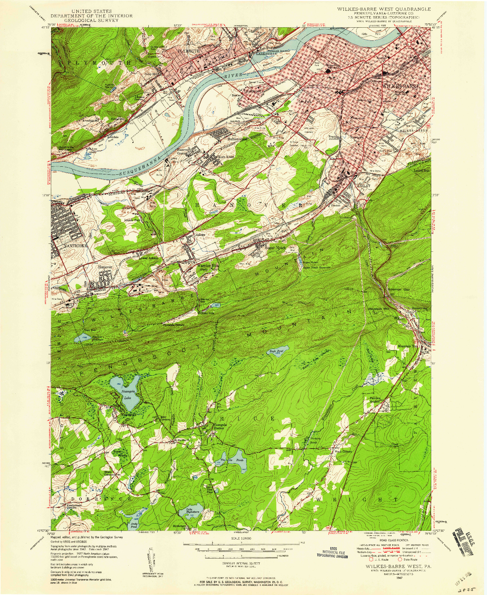 USGS 1:24000-SCALE QUADRANGLE FOR WILKES-BARRE WEST, PA 1947