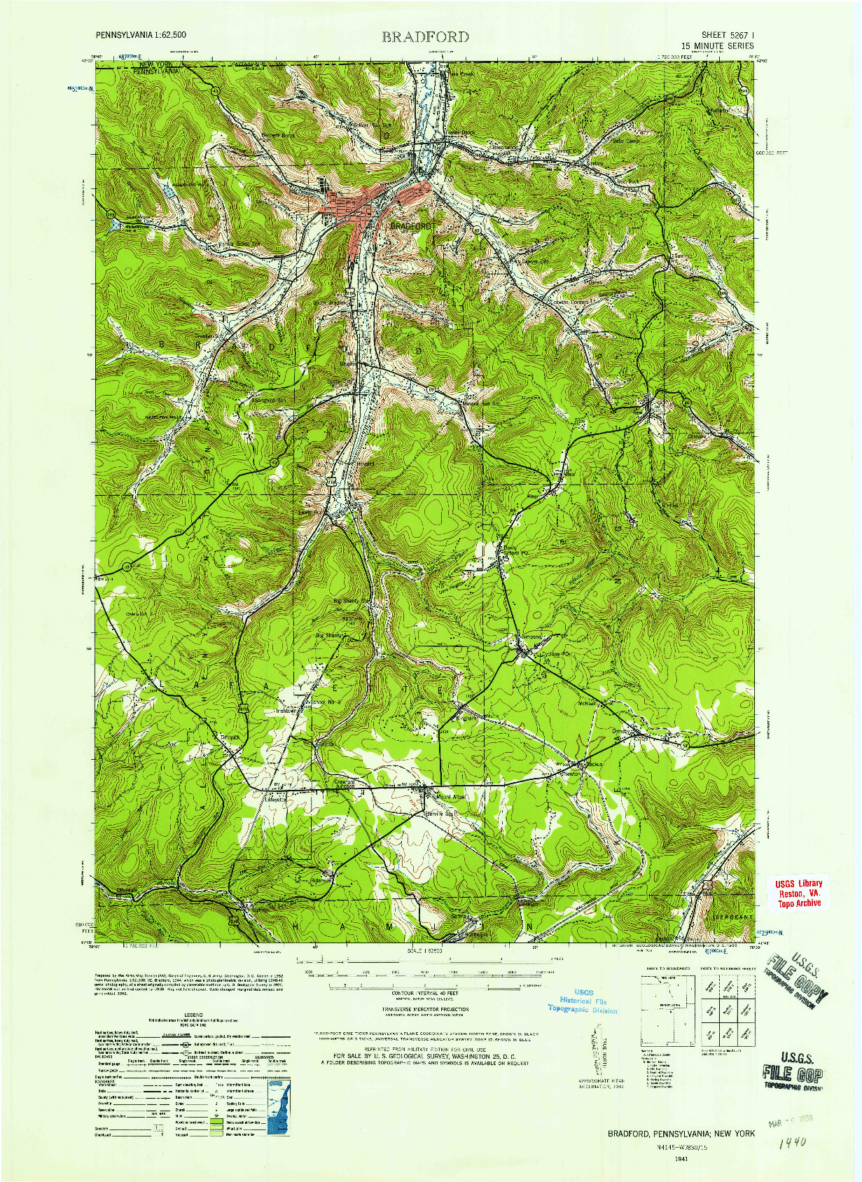 USGS 1:62500-SCALE QUADRANGLE FOR BRADFORD, PA 1941