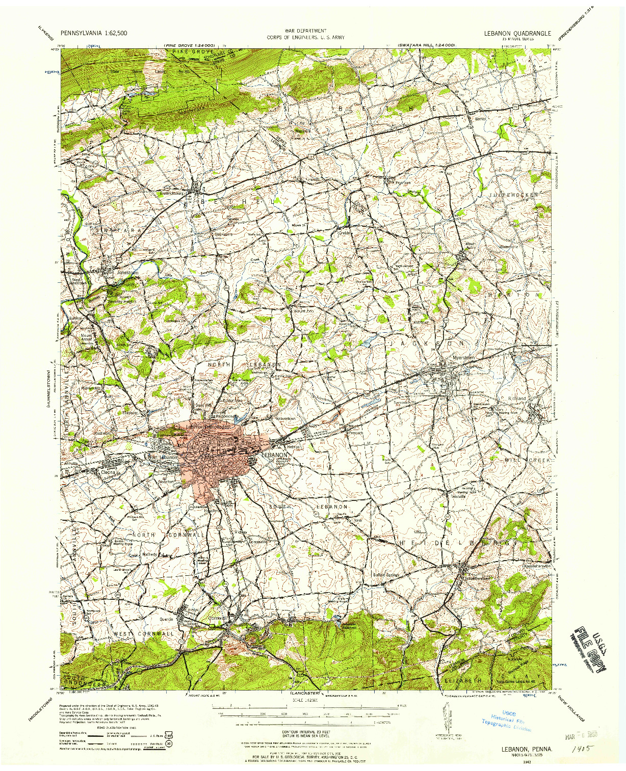 USGS 1:62500-SCALE QUADRANGLE FOR LEBANON, PA 1943