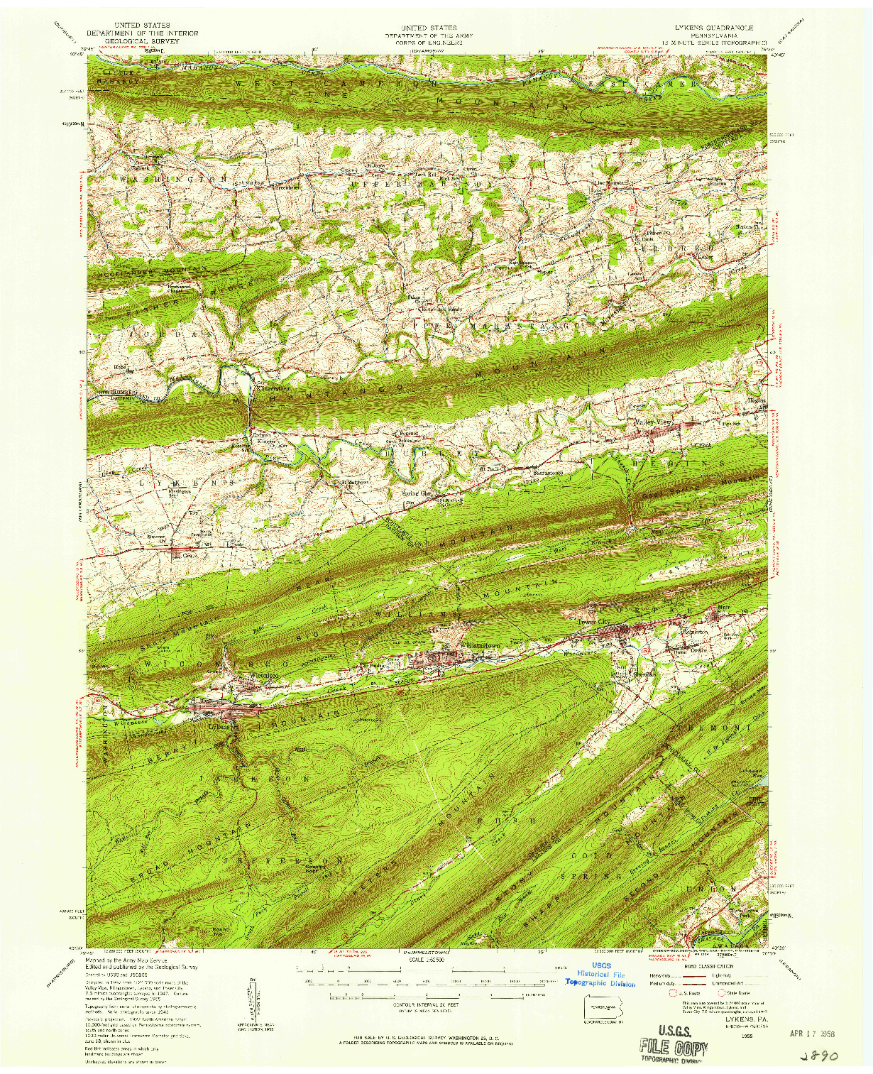 USGS 1:62500-SCALE QUADRANGLE FOR LYKENS, PA 1955
