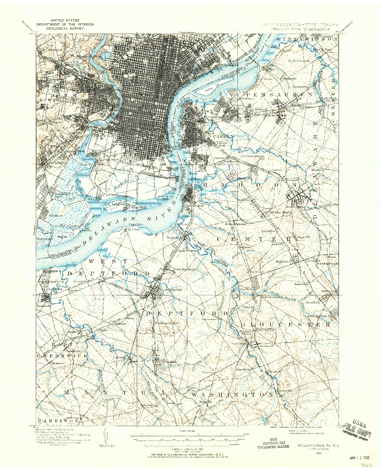 USGS 1:62500-SCALE QUADRANGLE FOR PHILADELPHIA, PA 1894