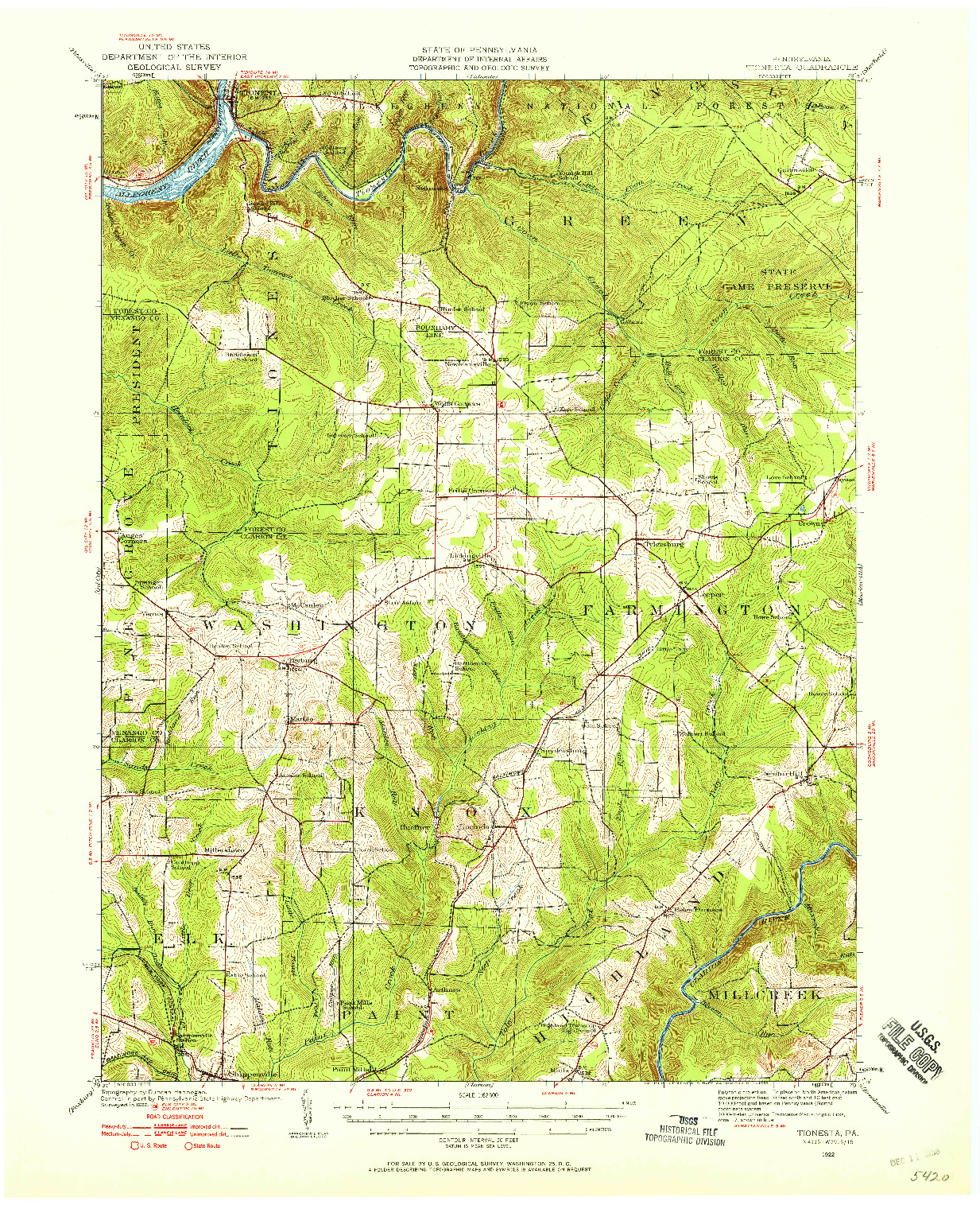 USGS 1:62500-SCALE QUADRANGLE FOR TIONESTA, PA 1922