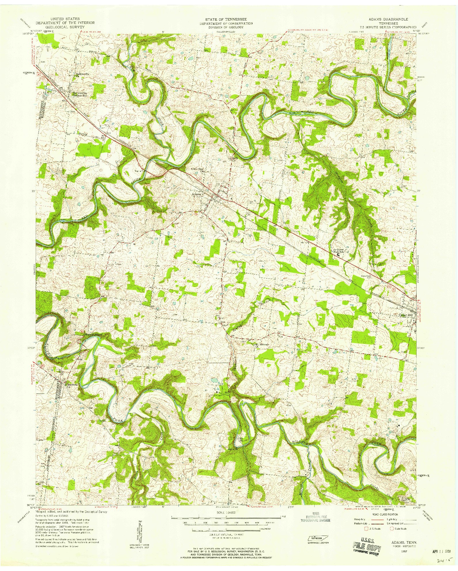 USGS 1:24000-SCALE QUADRANGLE FOR ADAMS, TN 1957
