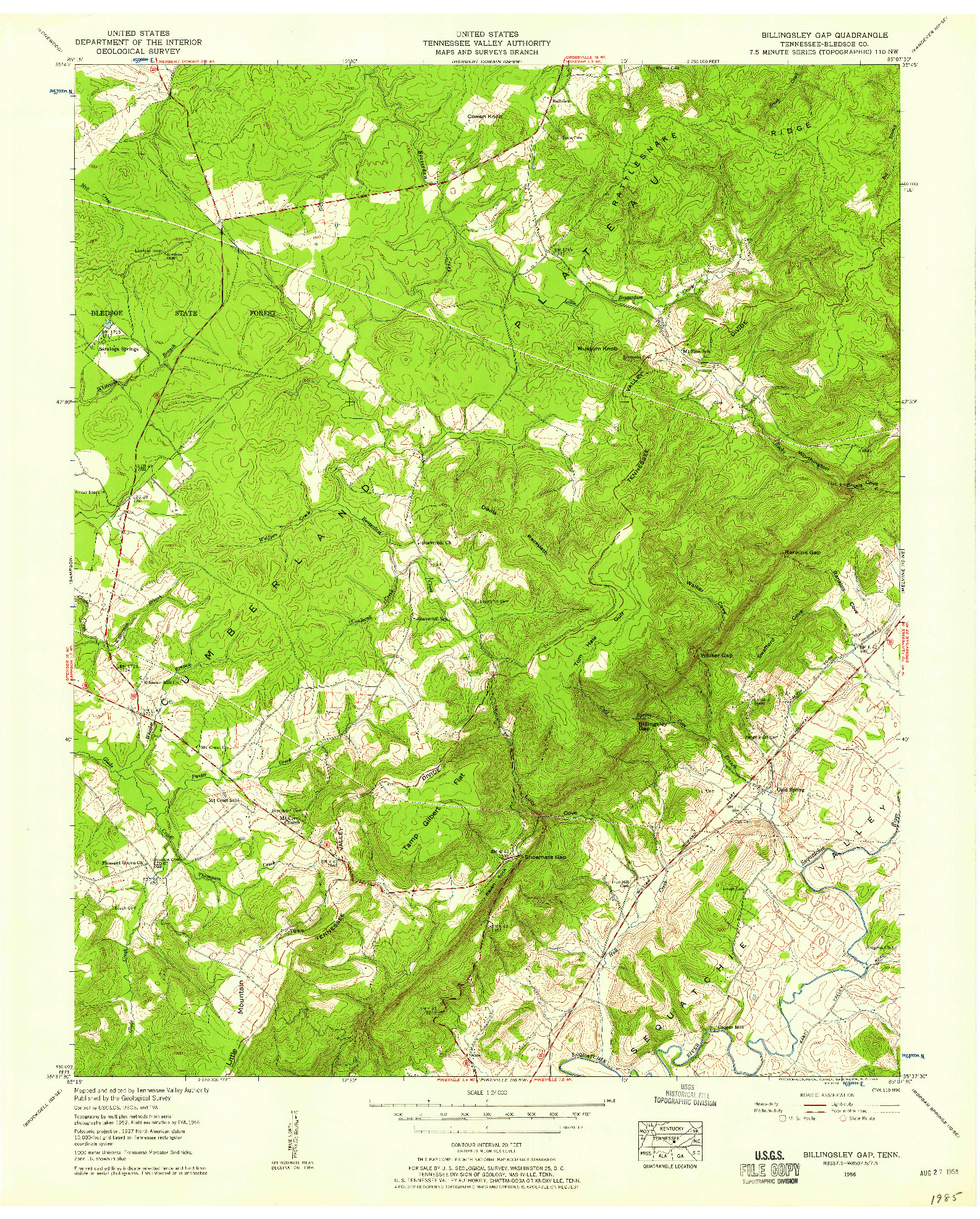 USGS 1:24000-SCALE QUADRANGLE FOR BILLINGSLEY GAP, TN 1956