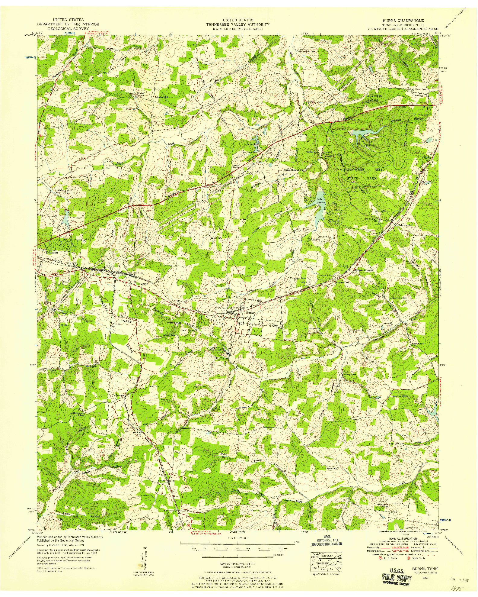 USGS 1:24000-SCALE QUADRANGLE FOR BURNS, TN 1953