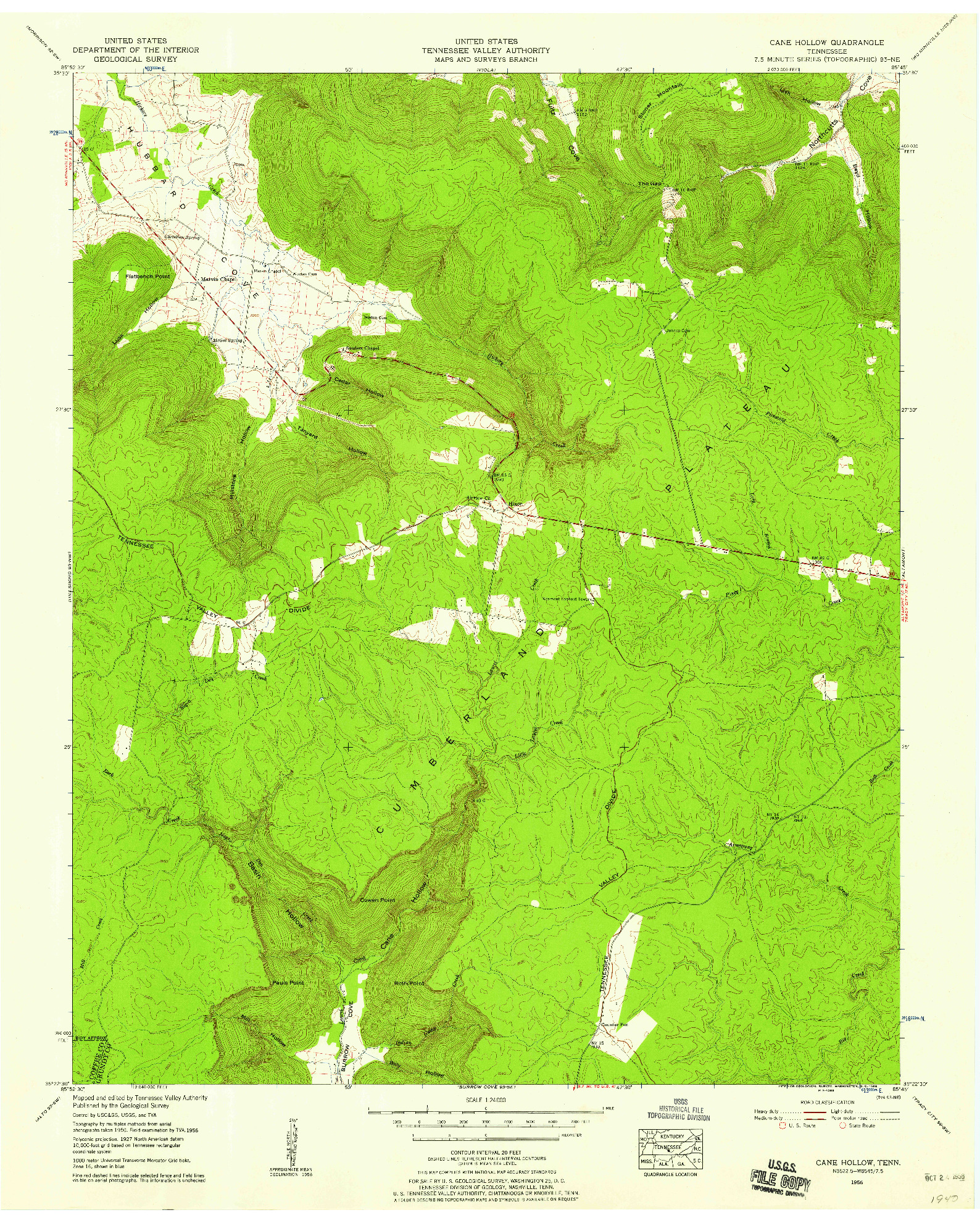 USGS 1:24000-SCALE QUADRANGLE FOR CANE HOLLOW, TN 1956