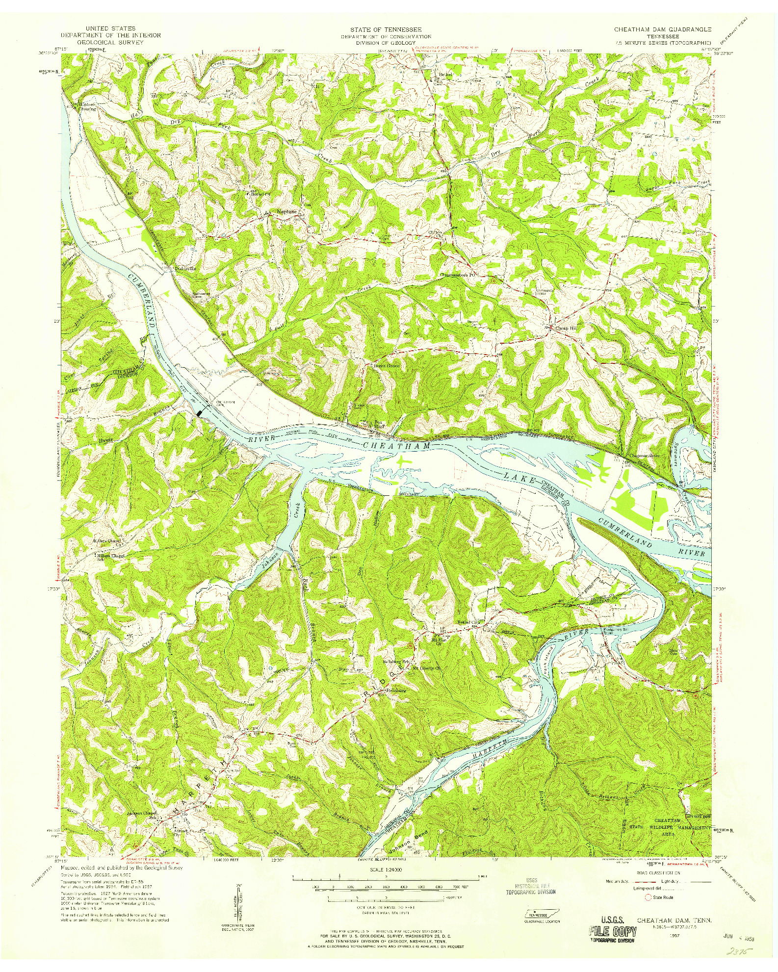 USGS 1:24000-SCALE QUADRANGLE FOR CHEATHAM DAM, TN 1957