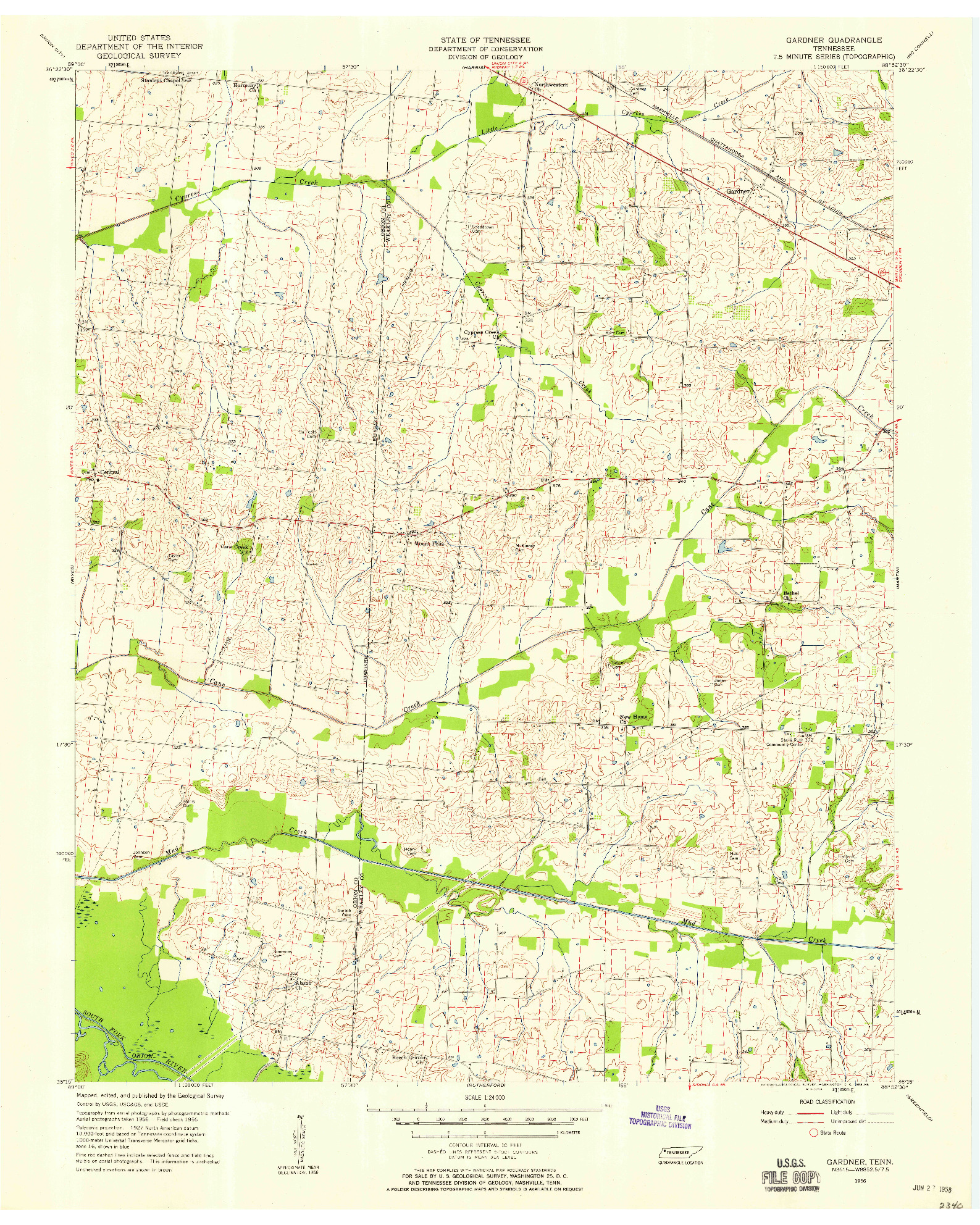 USGS 1:24000-SCALE QUADRANGLE FOR GARDNER, TN 1956